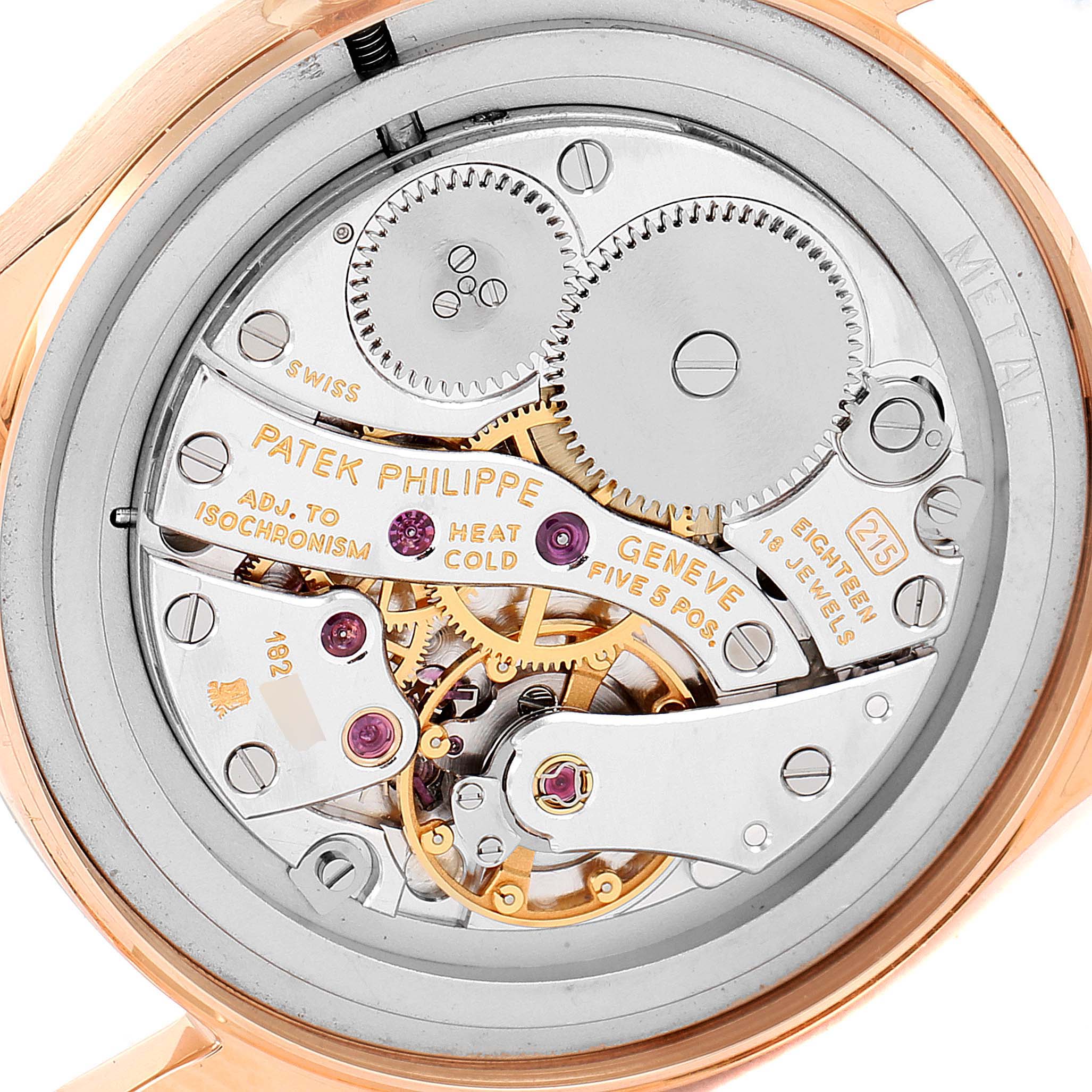 The image shows the internal mechanical movement of a Patek Philippe Calatrava 3796R Men
s Rose Gold Silver Dial 3796R Men
s Rose Gold Silver Dial watch from a rear view angle.