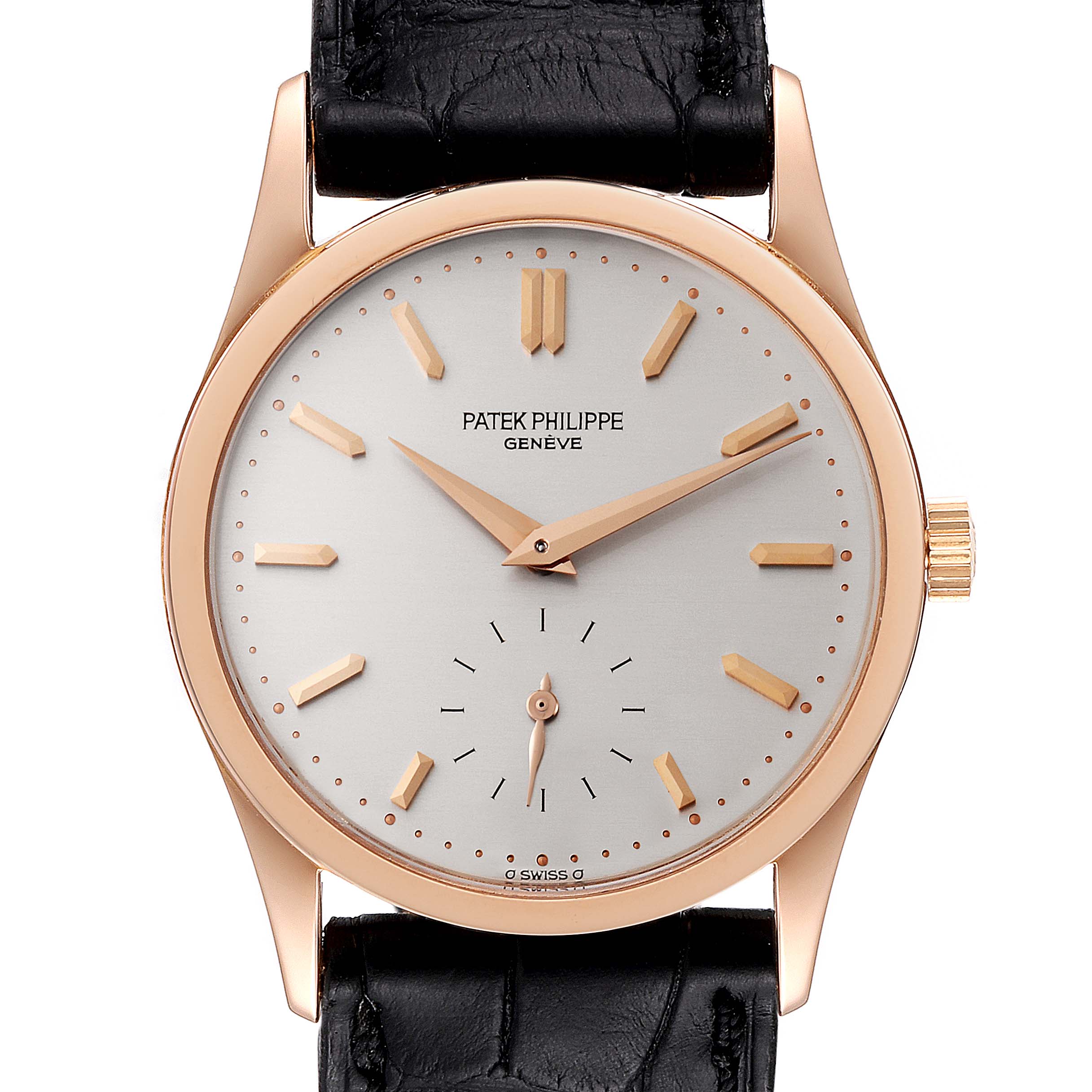 This image shows a front view of a Patek Philippe Calatrava 3796R Men
s Rose Gold Silver Dial 3796R Men
s Rose Gold Silver Dial watch, detailing the dial, hands, indices, case, and black leather strap.