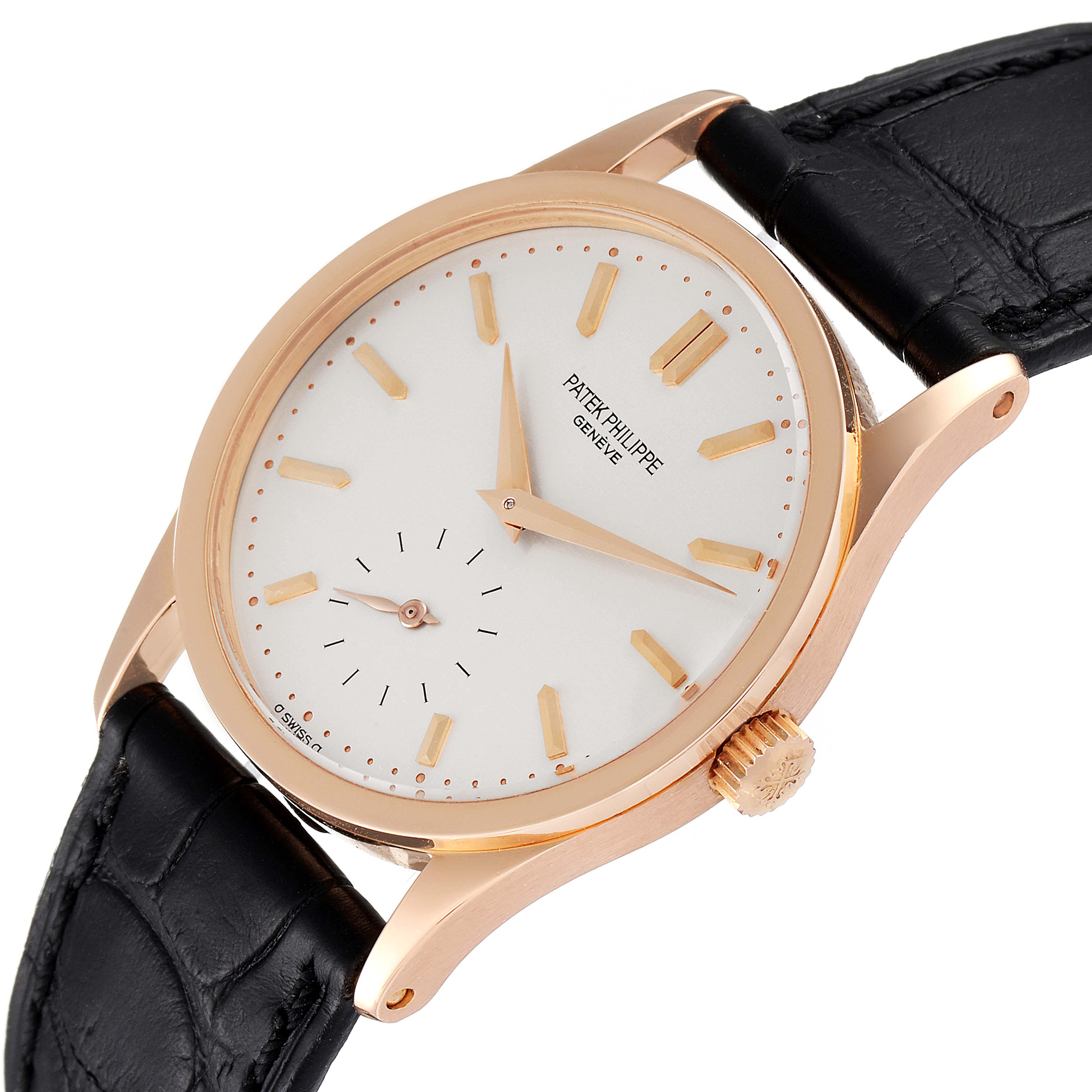 This is a close-up angle of the Patek Philippe Calatrava 3796R Men
s Rose Gold Silver Dial 3796R Men
s Rose Gold Silver Dial watch showing the face, case, and part of the leather strap.