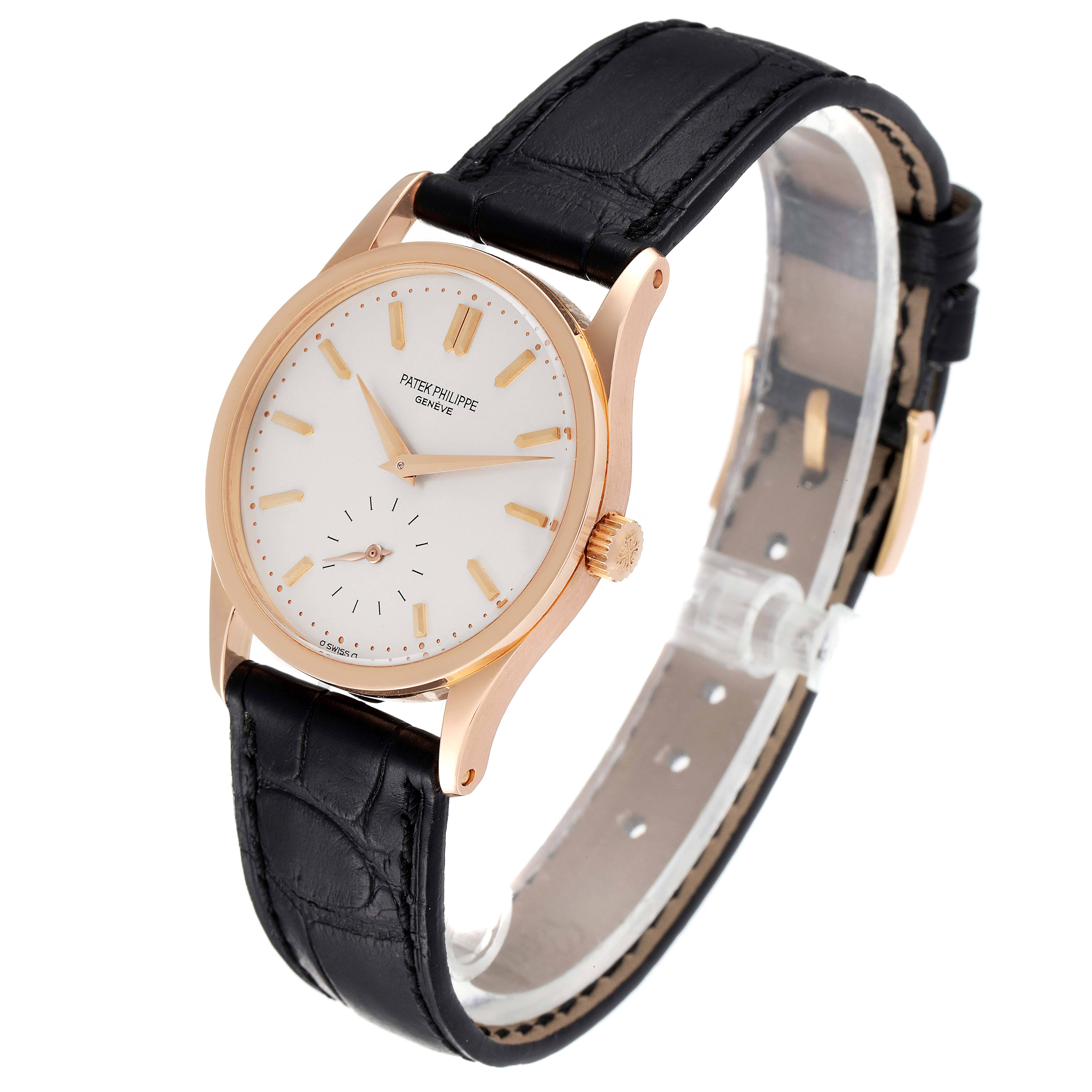 The image shows a Patek Philippe Calatrava 3796R Men
s Rose Gold Silver Dial 3796R Men
s Rose Gold Silver Dial watch at a 3/4 angle, highlighting the dial, strap, case, and crown.