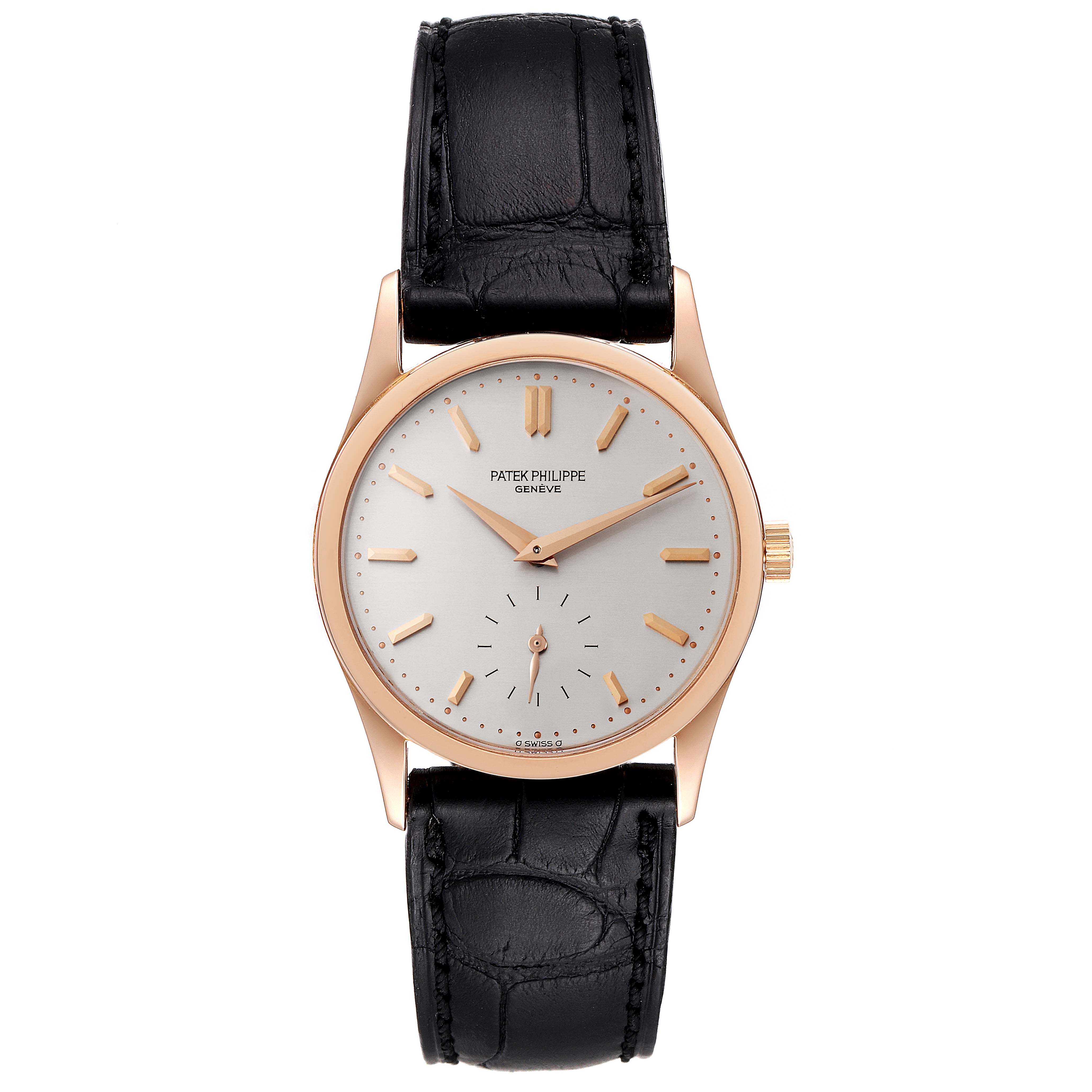 The image shows a front view of the Patek Philippe Calatrava 3796R Men
s Rose Gold Silver Dial 3796R Men
s Rose Gold Silver Dial watch, displaying the face, case, bezel, and black leather strap.