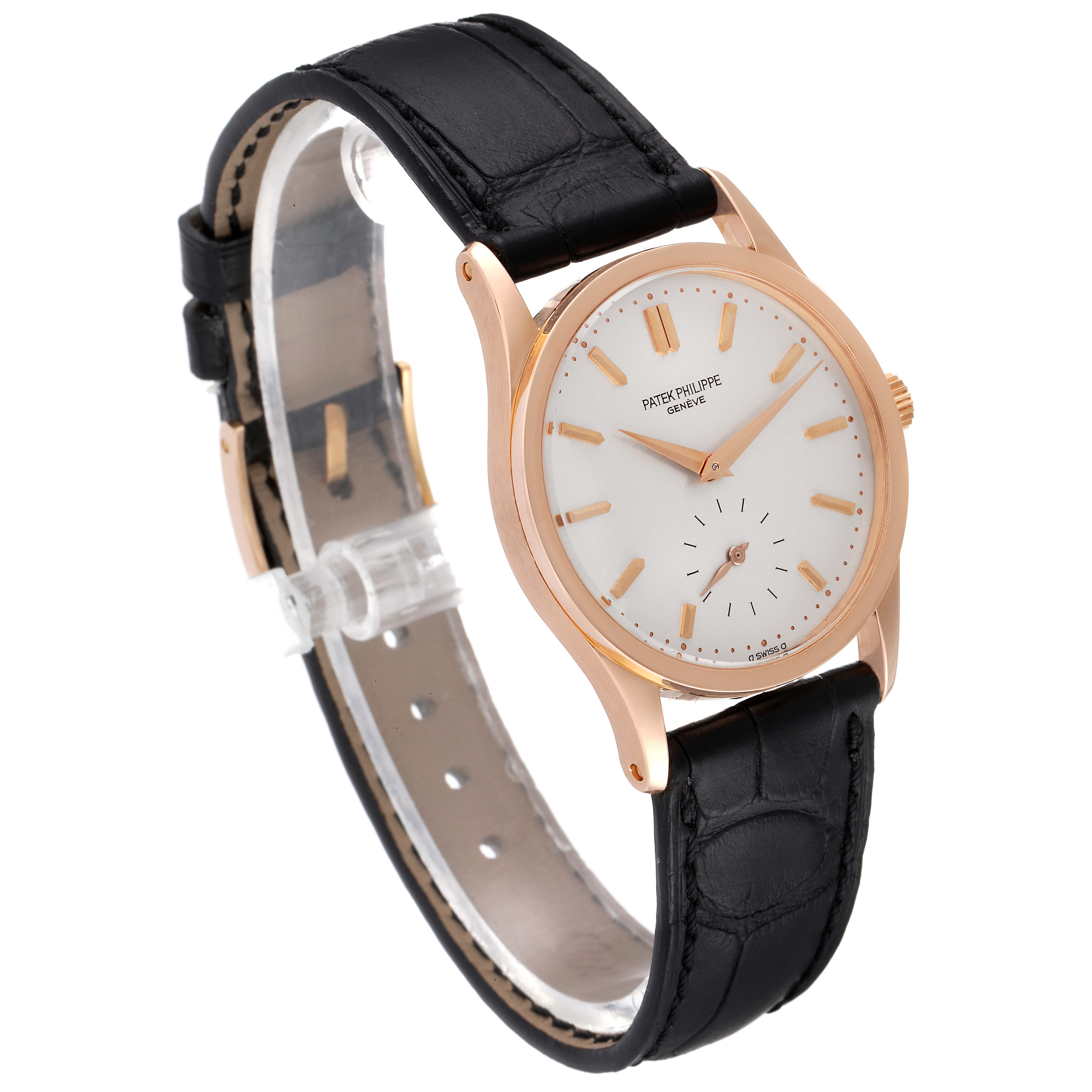 The image shows a Patek Philippe Calatrava 3796R Men
s Rose Gold Silver Dial 3796R Men
s Rose Gold Silver Dial watch at a 3/4 angle, featuring the face, case, and black leather strap.