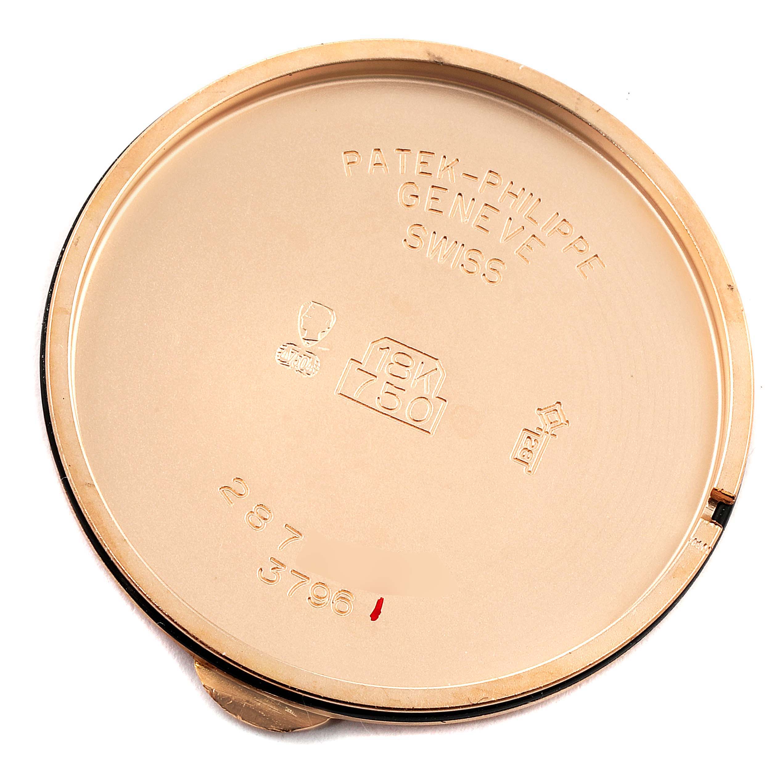 This image shows the inside of a watch case back for a Patek Philippe Calatrava 3796R Men
s Rose Gold Silver Dial 3796R Men
s Rose Gold Silver Dial model.