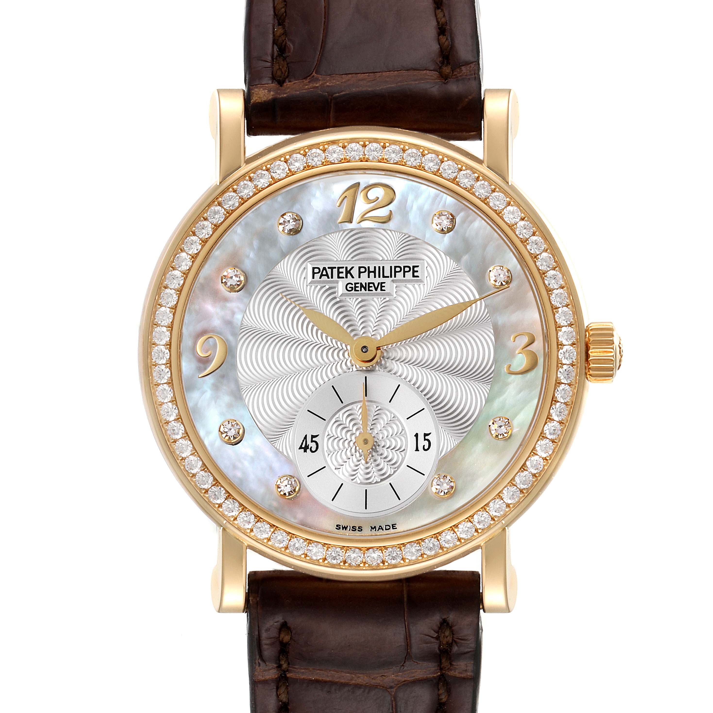 This Patek Philippe Calatrava 4959J Women's Yellow Gold Mother of Pearl Dial 4959J Women's Yellow Gold Mother of Pearl Dial watch is shown from the front, highlighting its dial, hands, bezel, and strap.