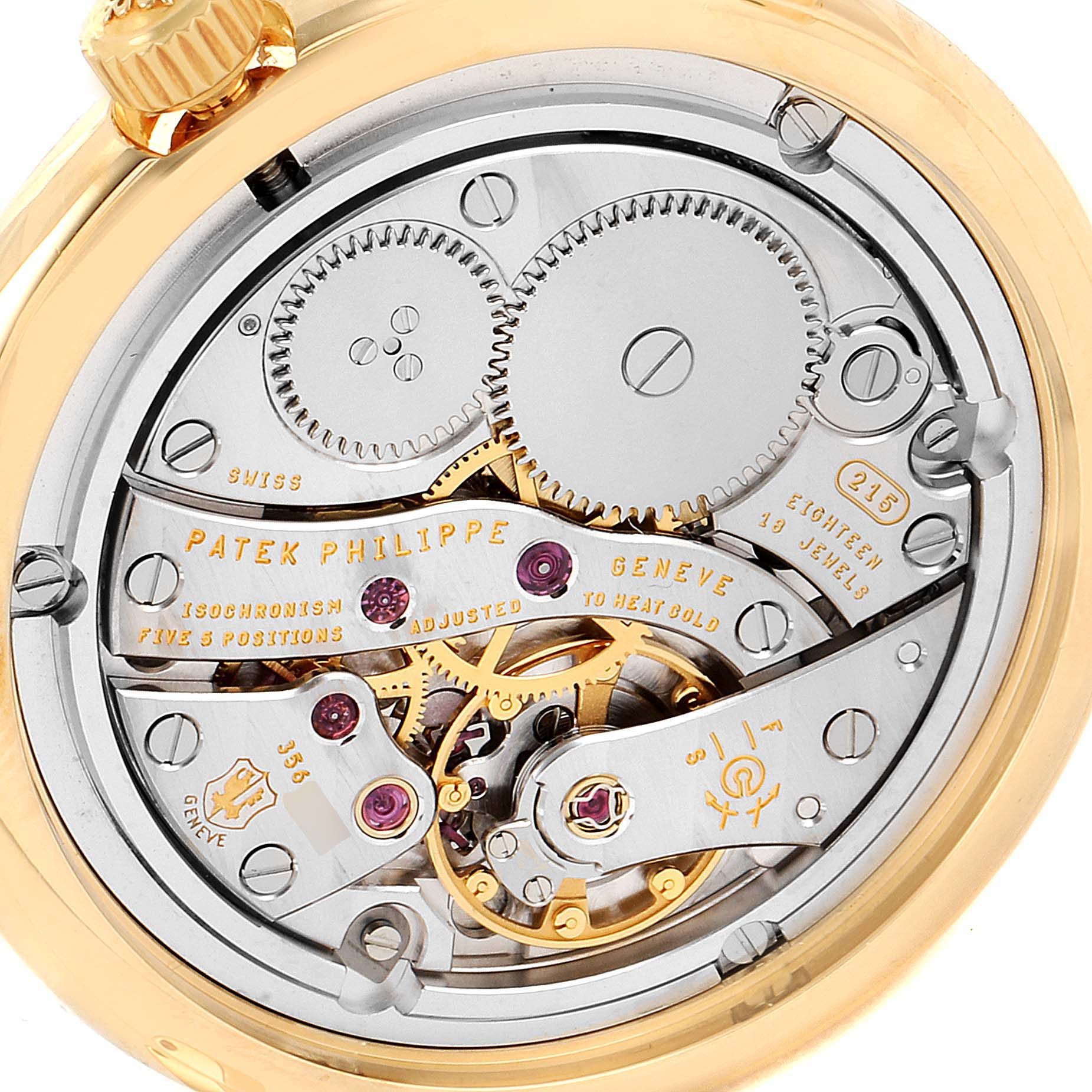 This image shows the intricate movement and internal mechanism of the Patek Philippe Calatrava 4959J Women's Yellow Gold Mother of Pearl Dial 4959J Women's Yellow Gold Mother of Pearl Dial watch.