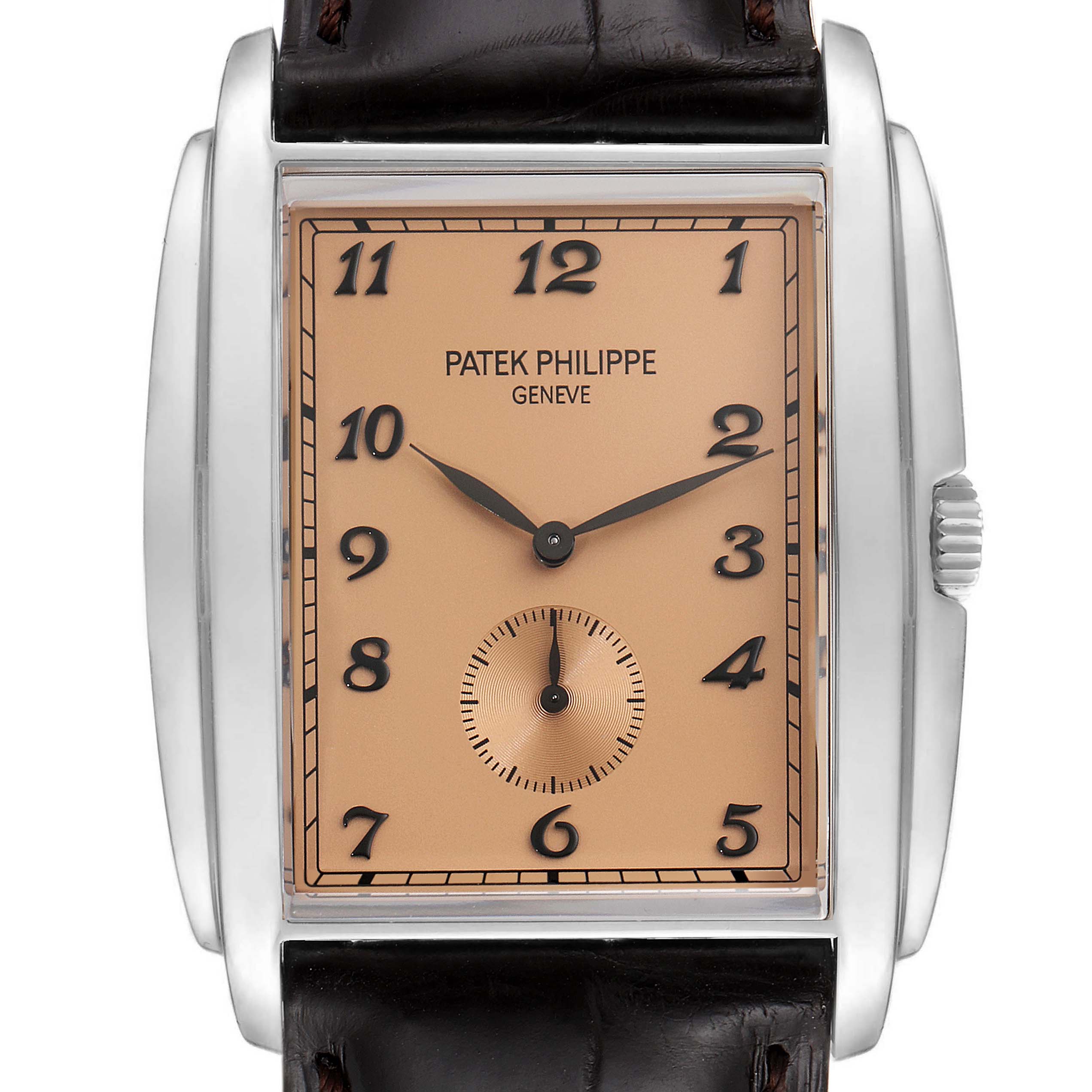 This image shows a frontal view of the Patek Philippe Gondolo 5124G-001 Men's White Gold Pink Dial 5124G-001 Men's White Gold Pink Dial watch, highlighting its rectangular dial and crown.