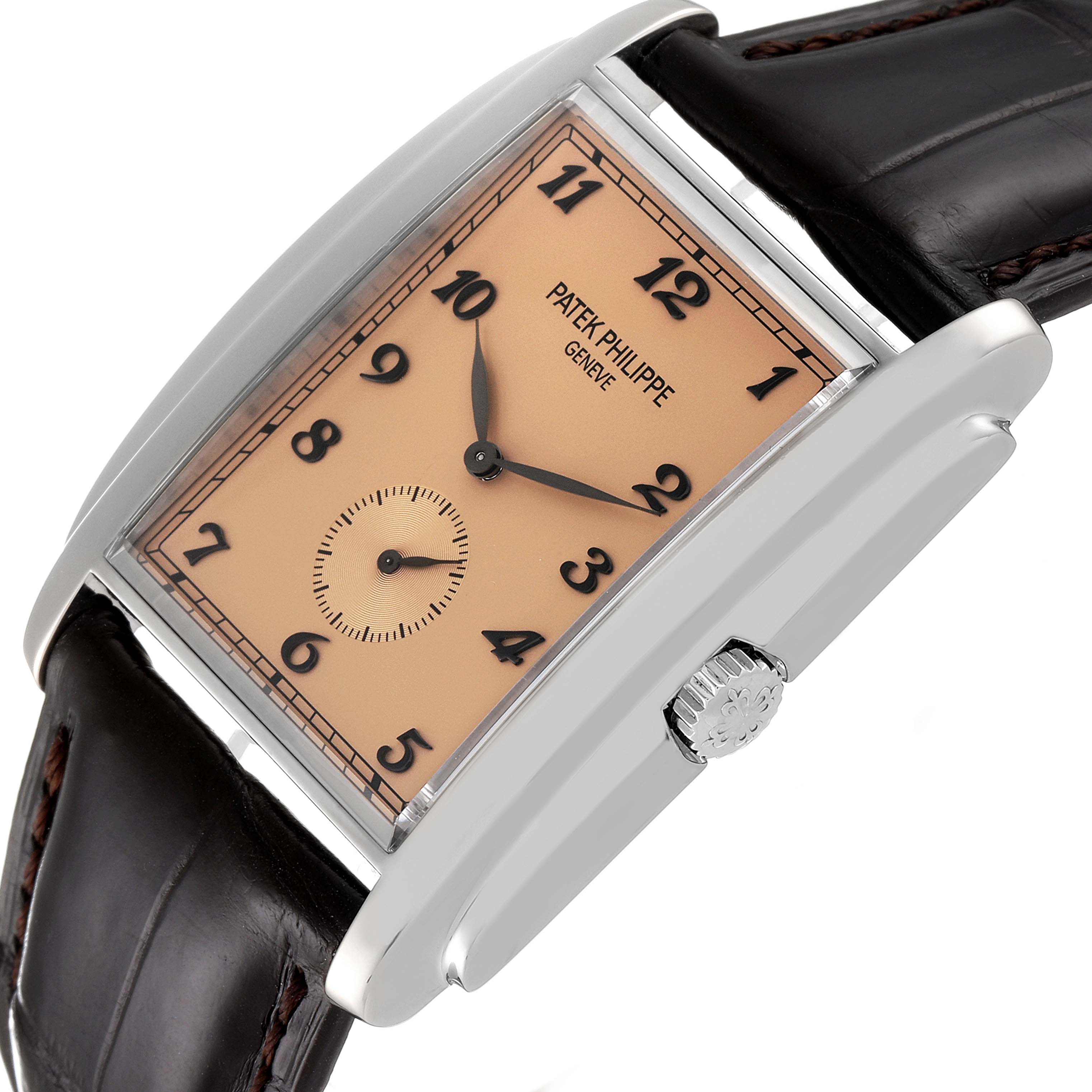 This image shows a close-up angle of the face and crown of the Patek Philippe Gondolo 5124G-001 Men's White Gold Pink Dial 5124G-001 Men's White Gold Pink Dial watch.