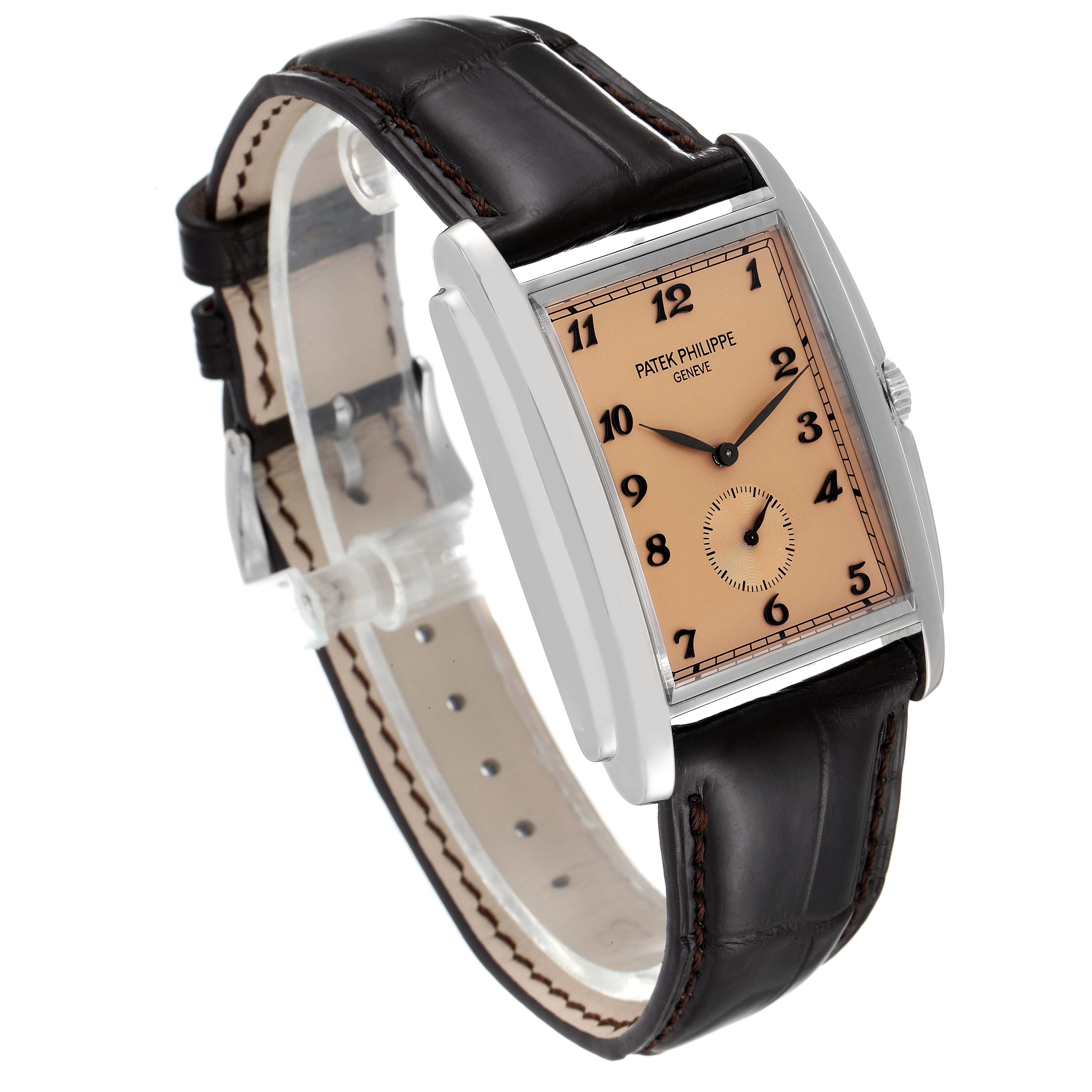 The image shows a Patek Philippe Gondolo 5124G-001 Men's White Gold Pink Dial 5124G-001 Men's White Gold Pink Dial watch at an angled front view, displaying its dial, case, and leather strap.