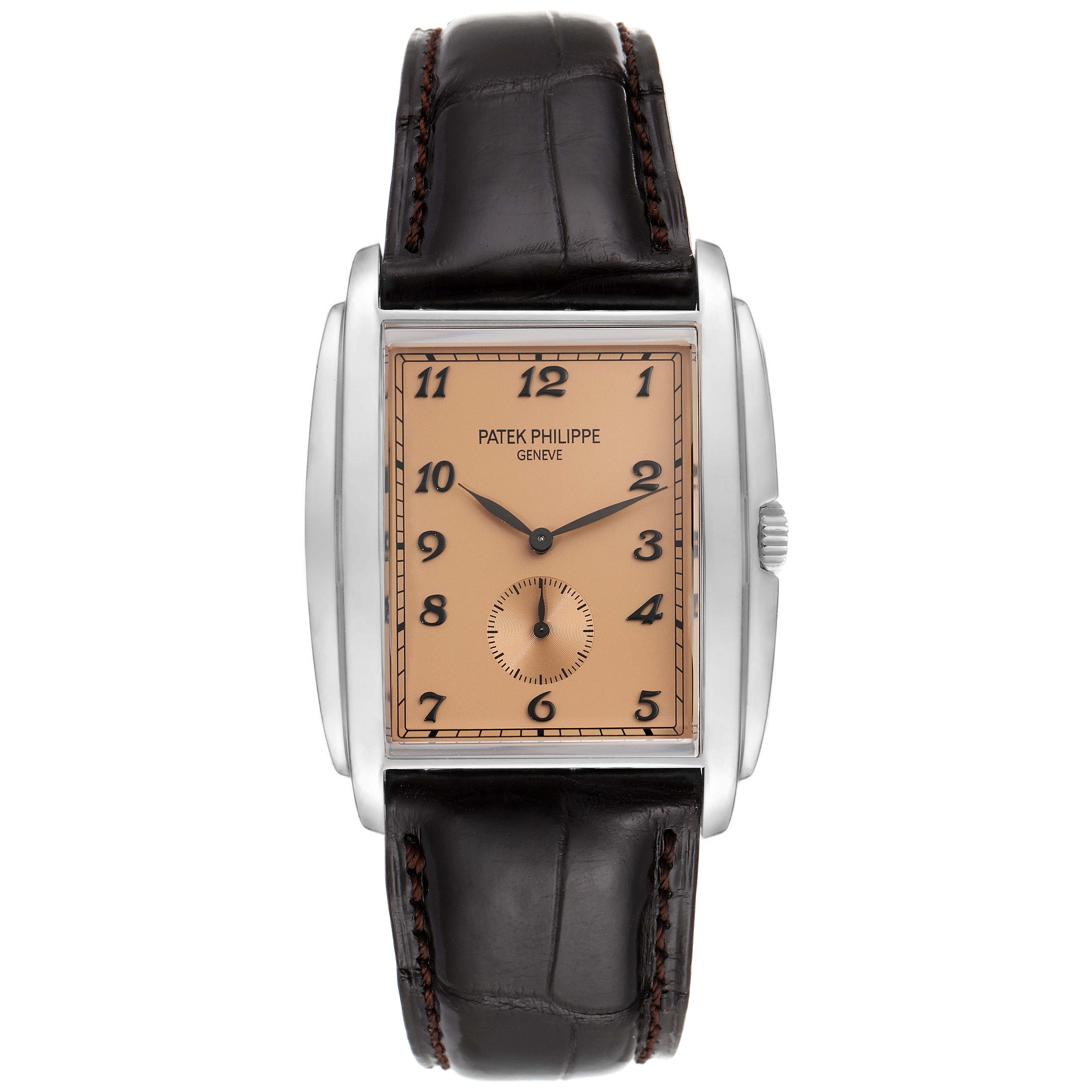 The Patek Philippe Gondolo 5124G-001 Men's White Gold Pink Dial 5124G-001 Men's White Gold Pink Dial watch is shown from a front view, displaying its rectangular dial, case, and strap.