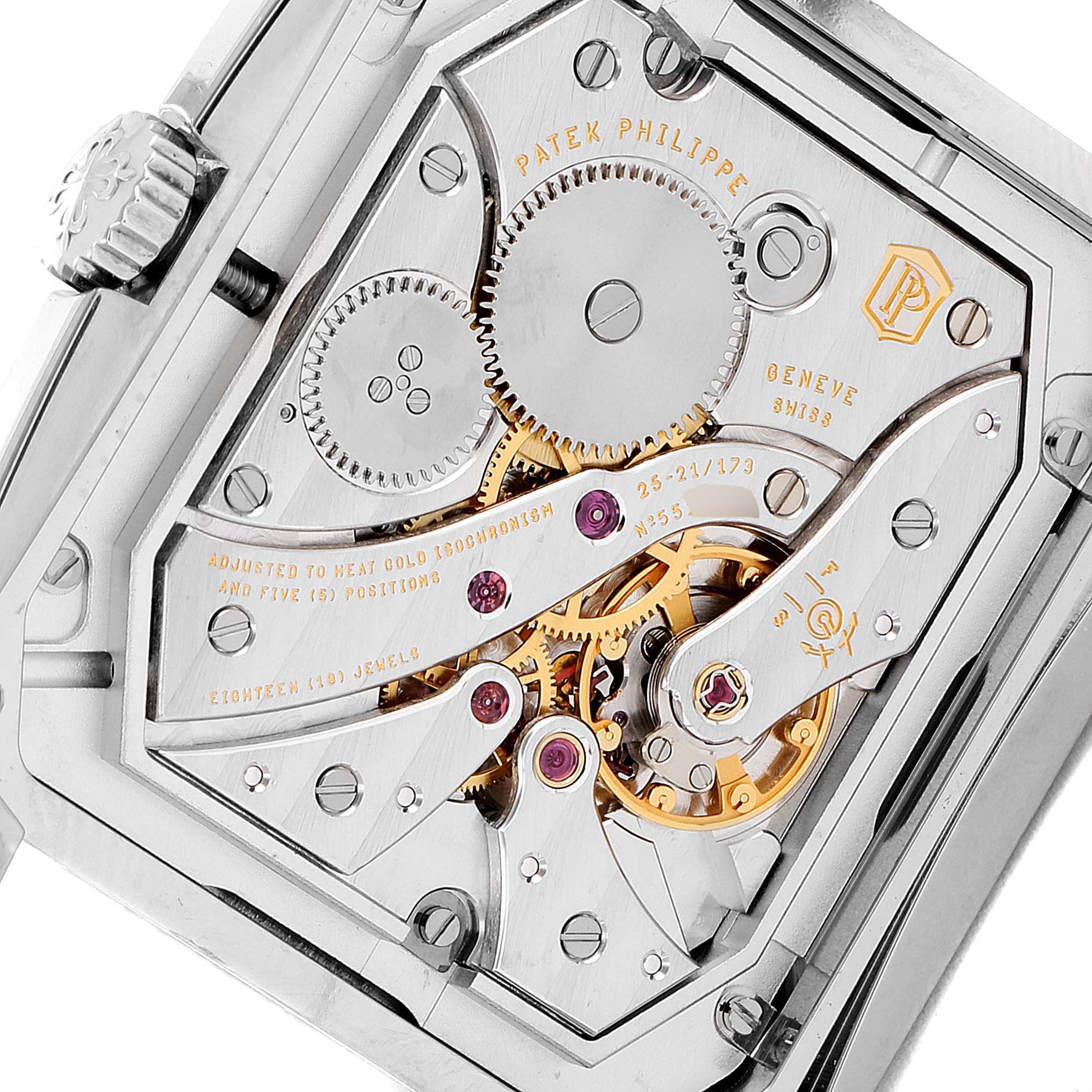 The image shows the back view of the Patek Philippe Gondolo 5124G-001 Men's White Gold Pink Dial 5124G-001 Men's White Gold Pink Dial watch, revealing its mechanical movement components.