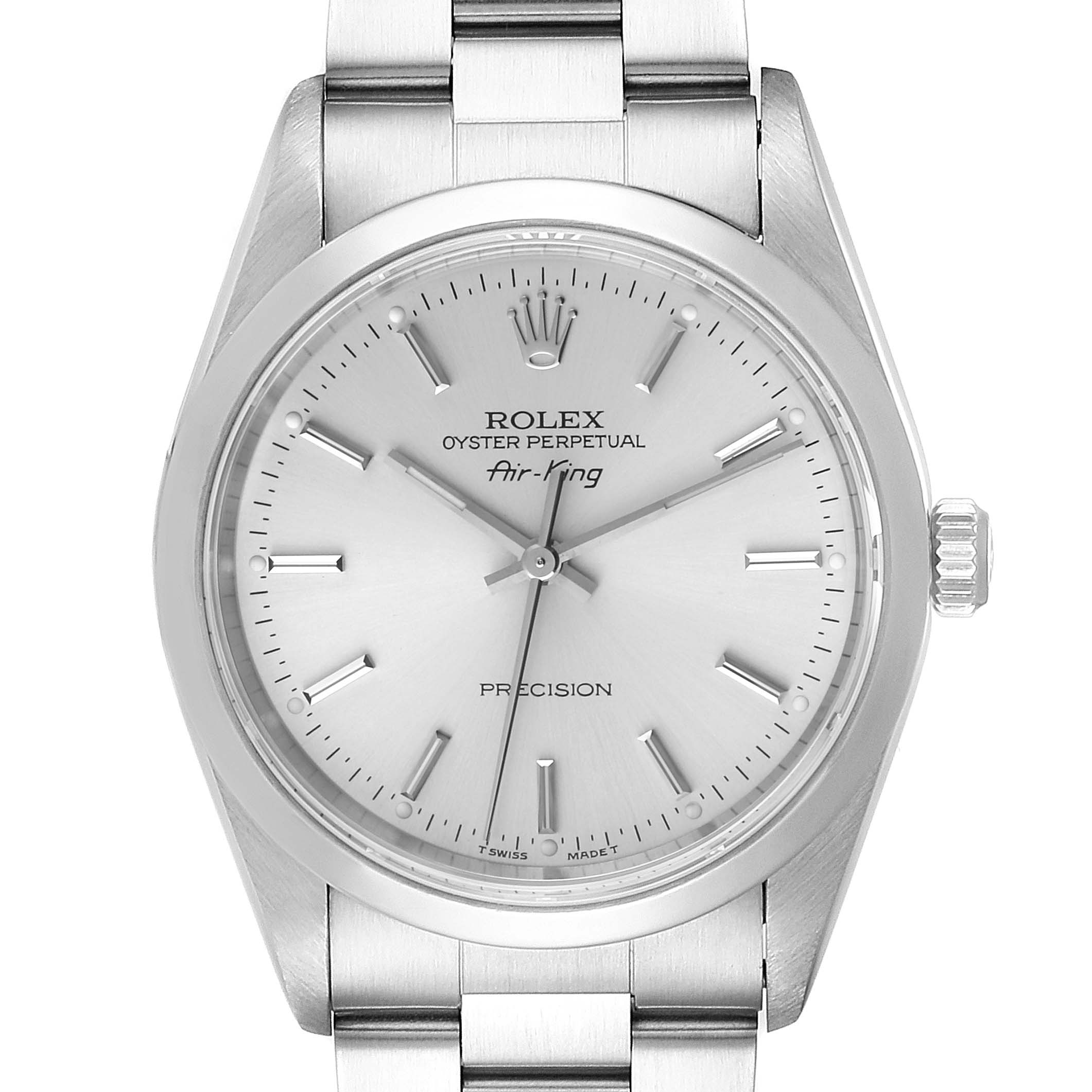The Rolex Air-King 14000 Men's Stainless Steel Silver Dial 14000 Men's Stainless Steel Silver Dial watch is shown from a front angle, displaying its dial, hands, crown, and part of the bracelet.