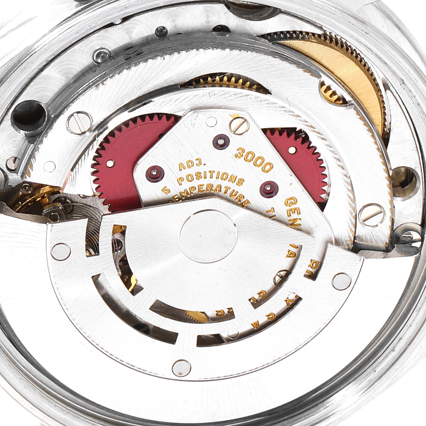 This close-up image shows the internal mechanics of a Rolex Air-King 14000 Men's Stainless Steel Silver Dial 14000 Men's Stainless Steel Silver Dial watch, focusing on its movement components.