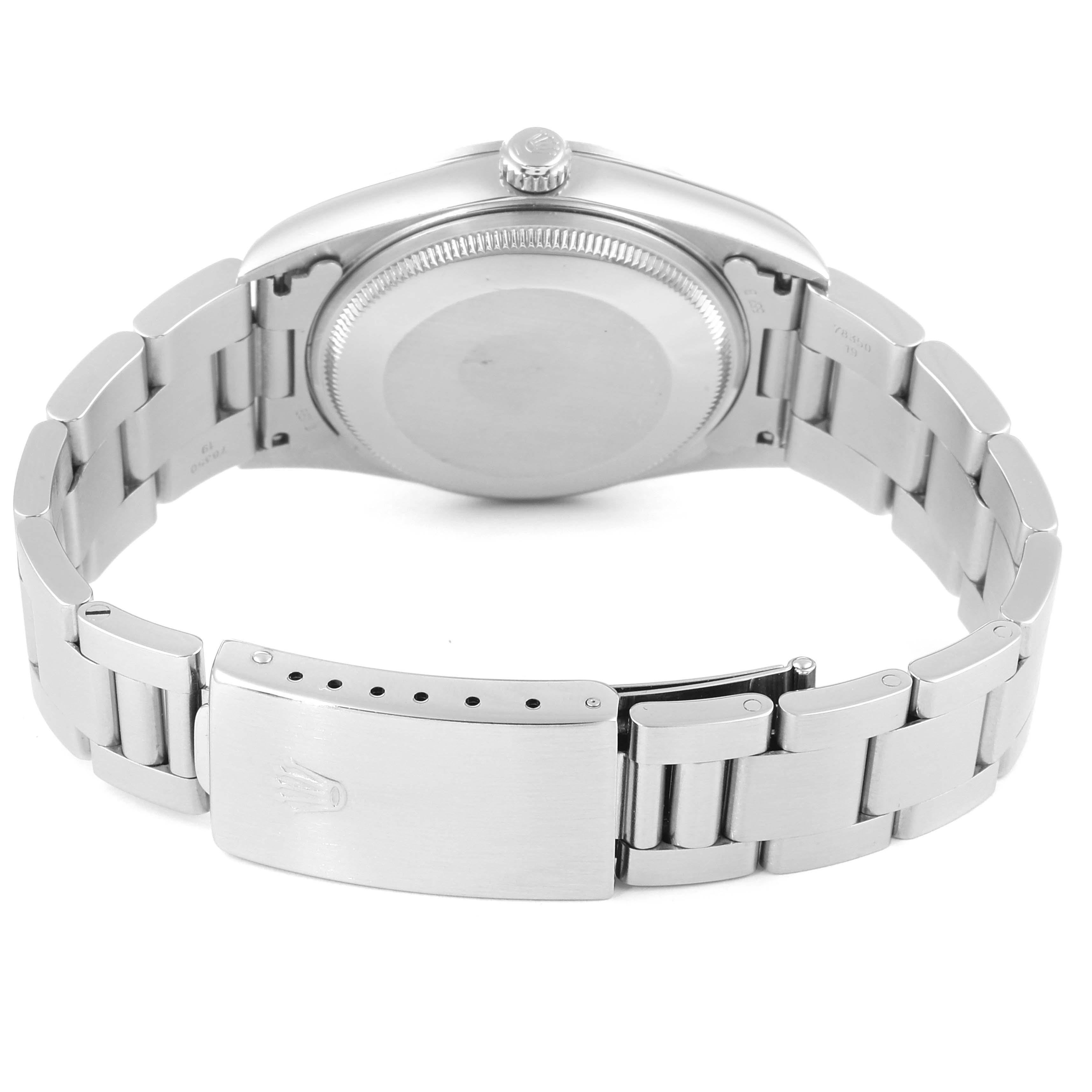 The image shows the back view of the Rolex Air-King 14000 Men's Stainless Steel Silver Dial 14000 Men's Stainless Steel Silver Dial watch, highlighting the case back and the bracelet clasp.