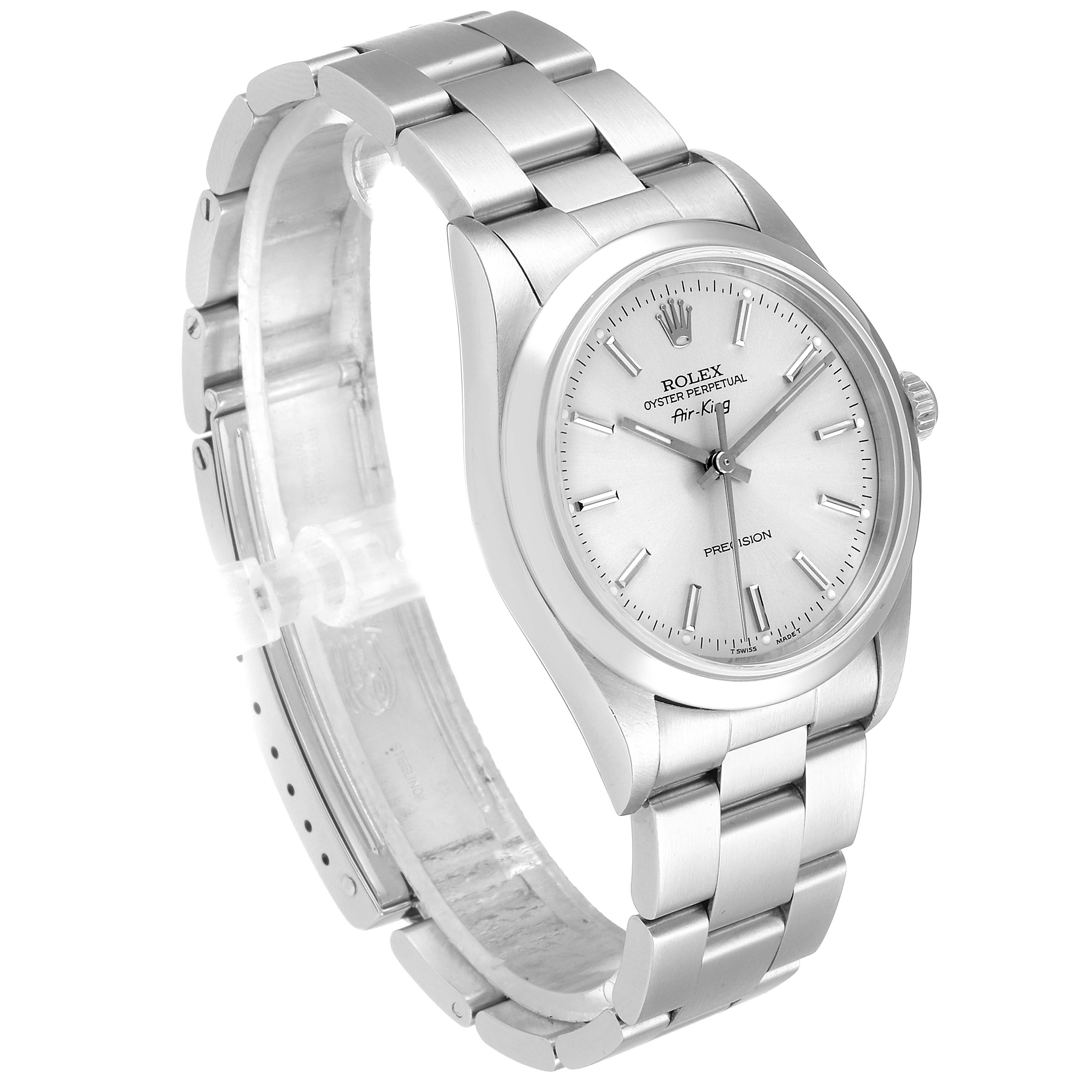 The Rolex Air-King 14000 Men's Stainless Steel Silver Dial 14000 Men's Stainless Steel Silver Dial watch is shown at an angle displaying its face, bezel, crown, and partially extended bracelet.