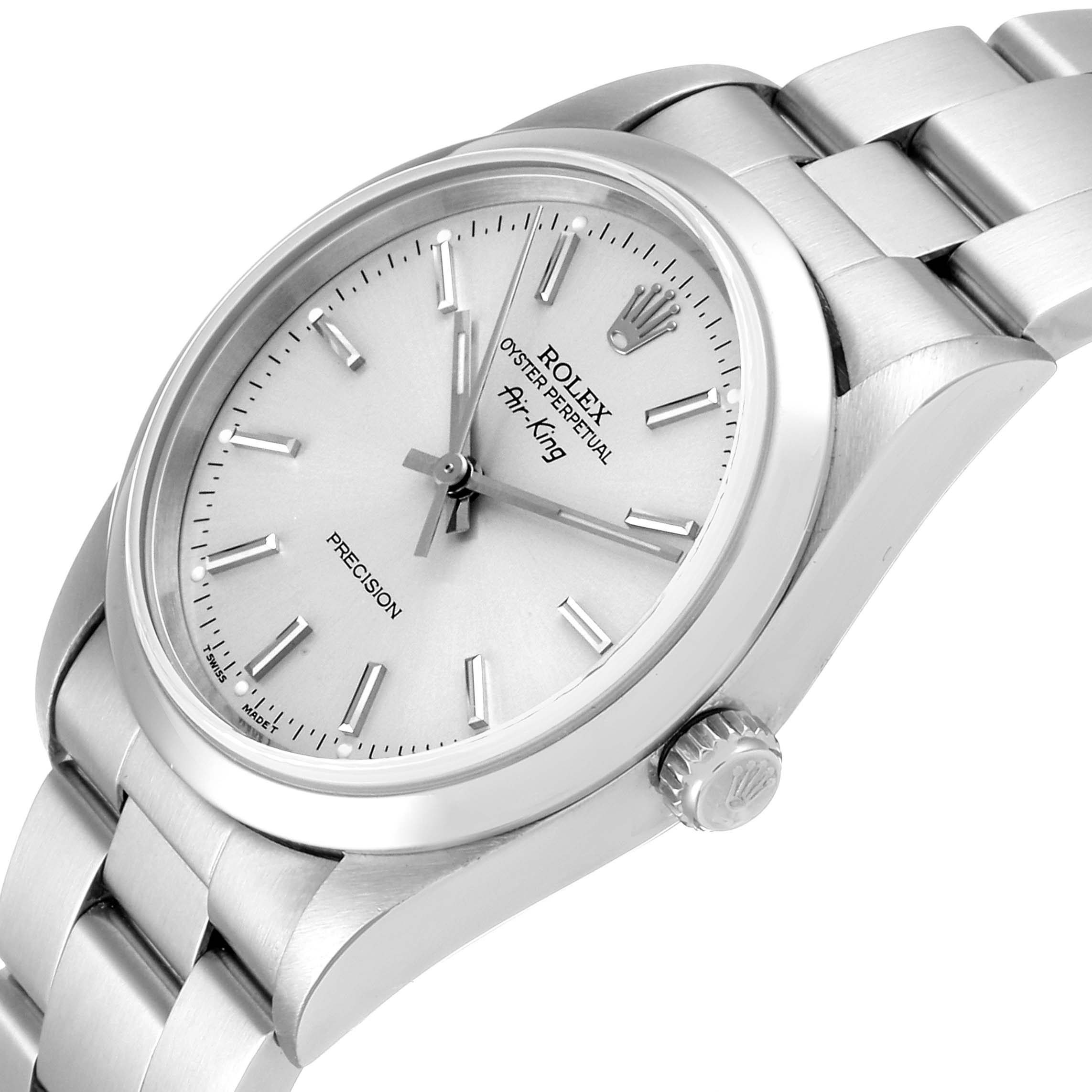 The Rolex Air-King 14000 Men's Stainless Steel Silver Dial 14000 Men's Stainless Steel Silver Dial watch is shown from an angled side view, highlighting the face, bezel, crown, and bracelet.