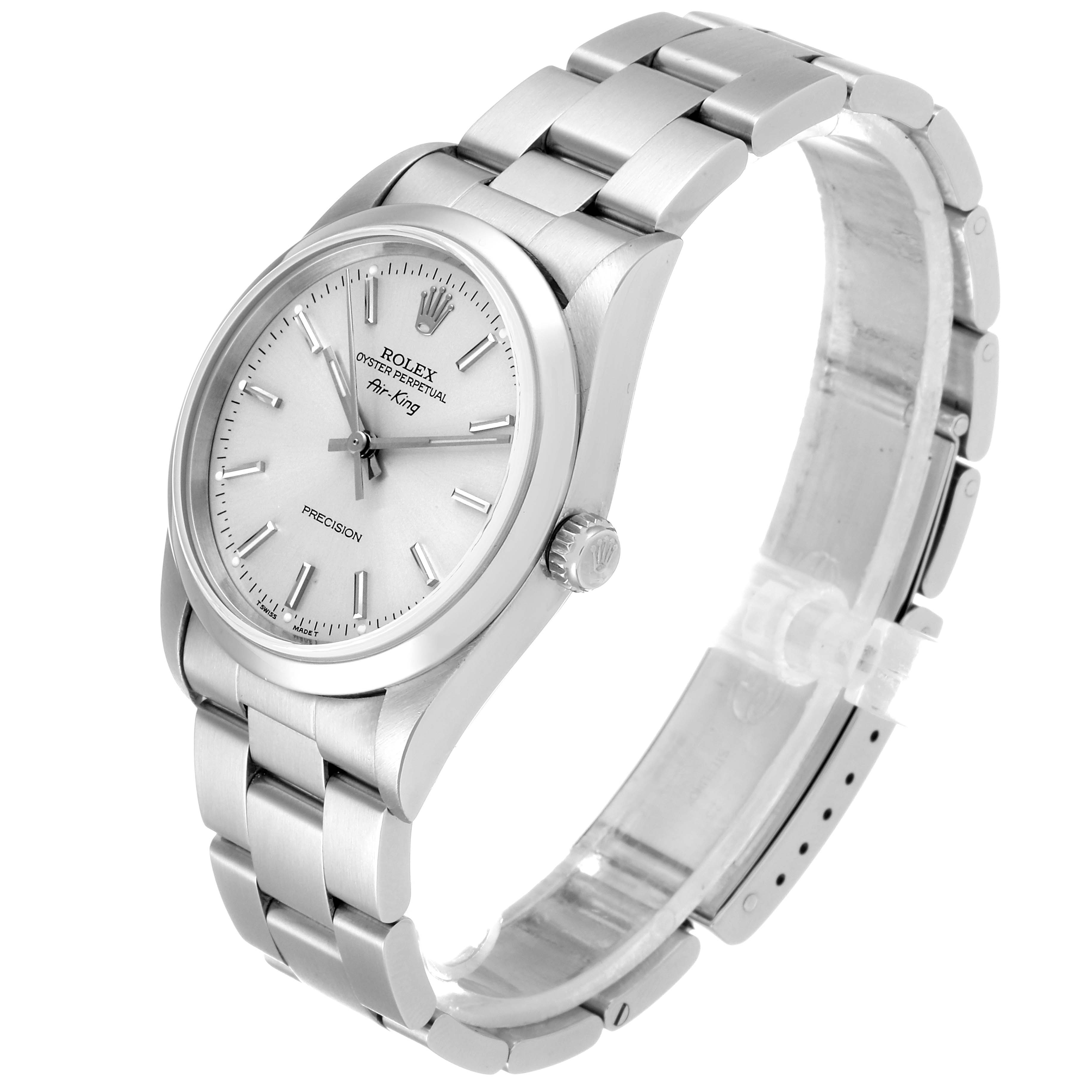 The photo shows a Rolex Air-King 14000 Men's Stainless Steel Silver Dial 14000 Men's Stainless Steel Silver Dial model watch from a front-left angle, highlighting the face, crown, and bracelet.