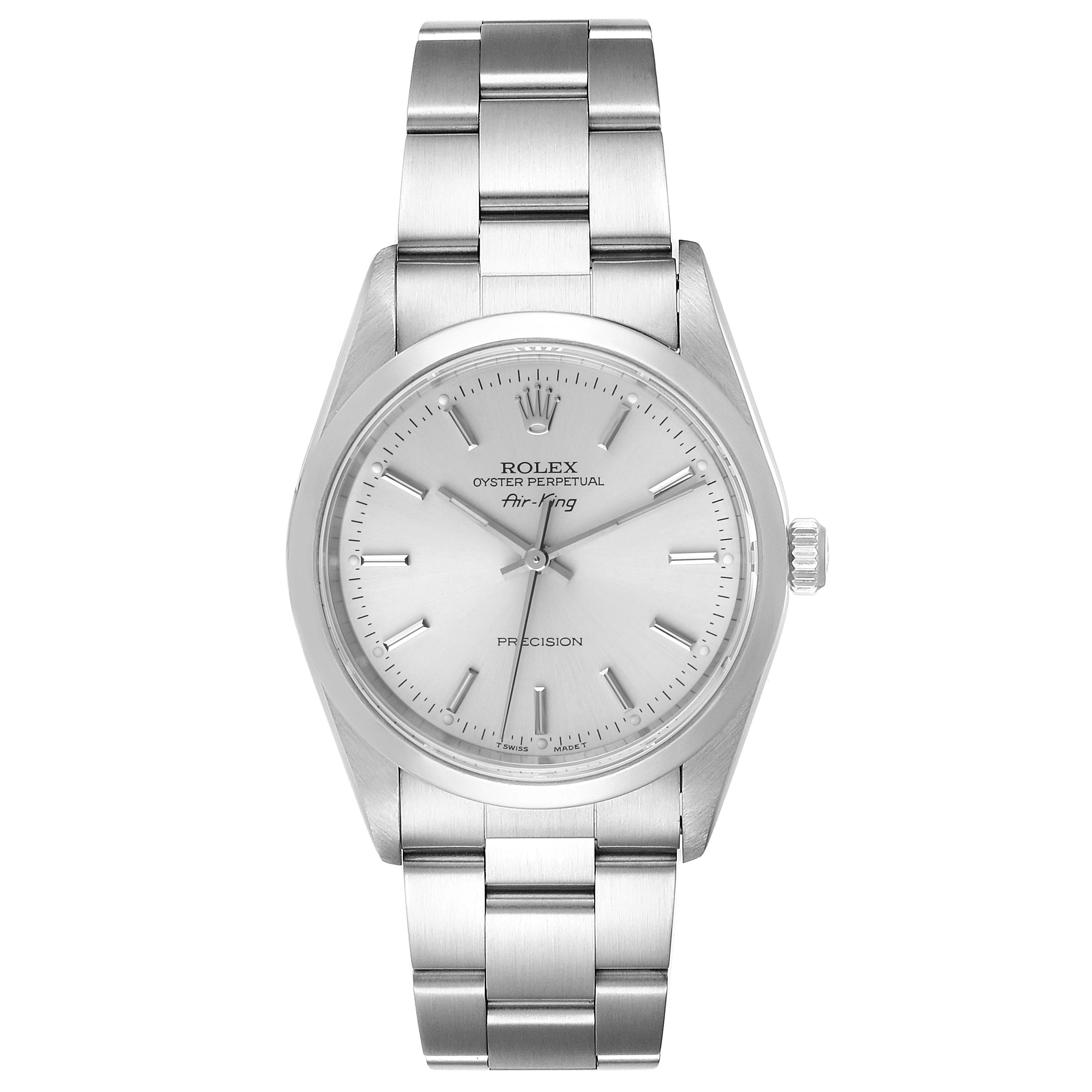 The image shows a front view of the Rolex Air-King 14000 Men's Stainless Steel Silver Dial 14000 Men's Stainless Steel Silver Dial watch displaying its dial, crown, and bracelet.