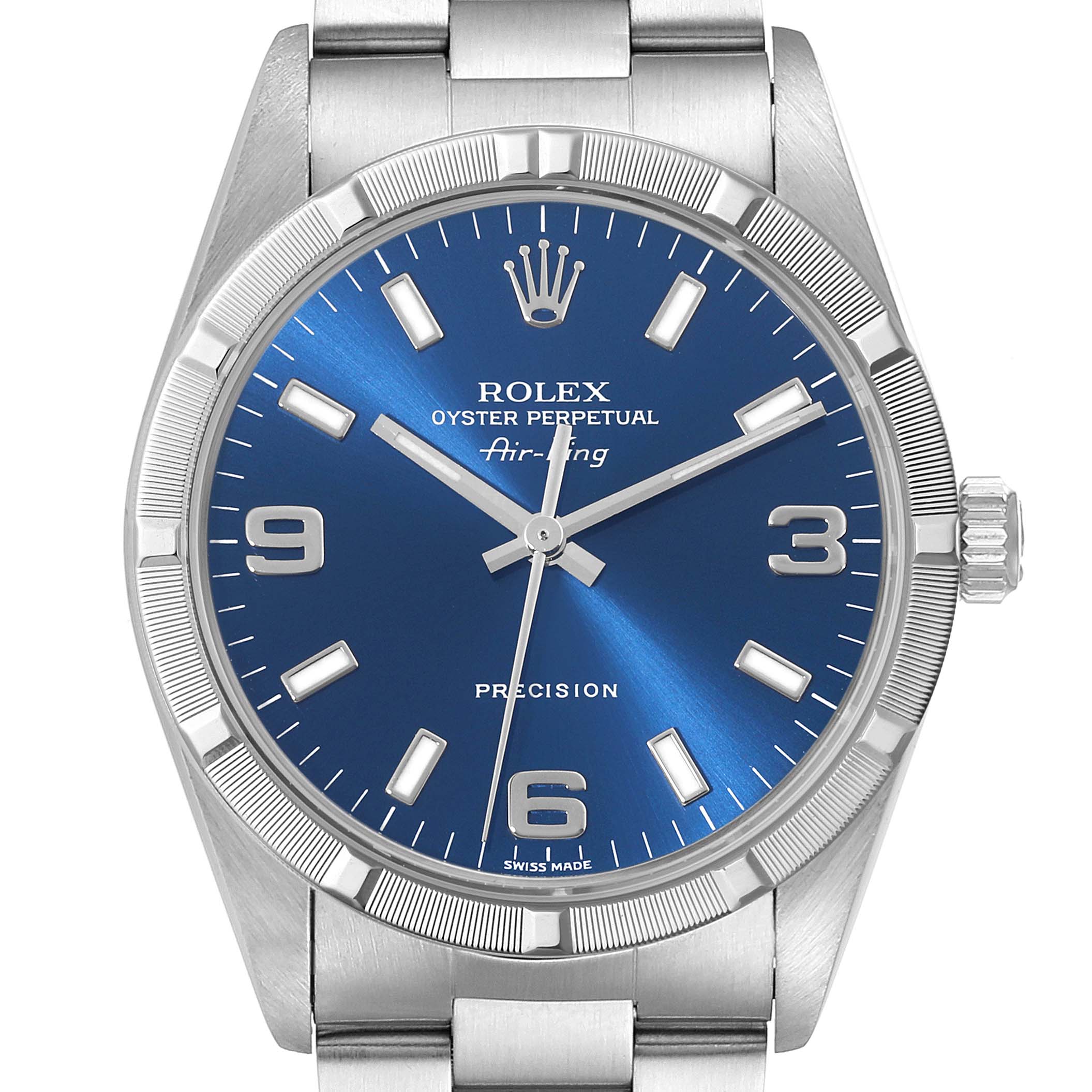 The image shows a front view of a Rolex Air-King 14010 Men's Stainless Steel Blue Dial 14010 Men's Stainless Steel Blue Dial watch, highlighting its blue dial, silver hour markers, and stainless steel bracelet.