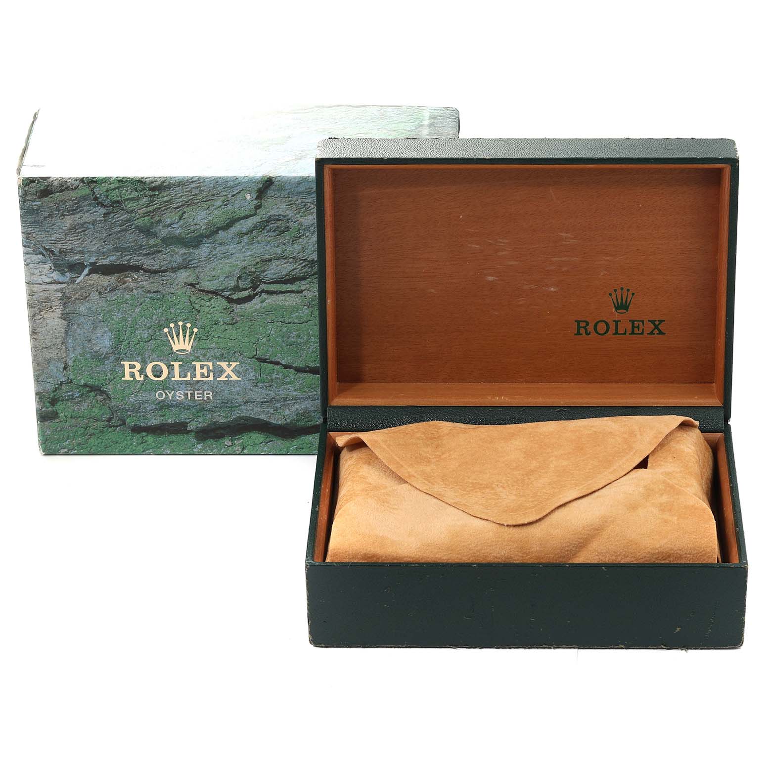 The image shows an open wooden Rolex Air-King 14010 Men's Stainless Steel Blue Dial 14010 Men's Stainless Steel Blue Dial watch box with a brown suede pouch inside, and the cover box in the background.