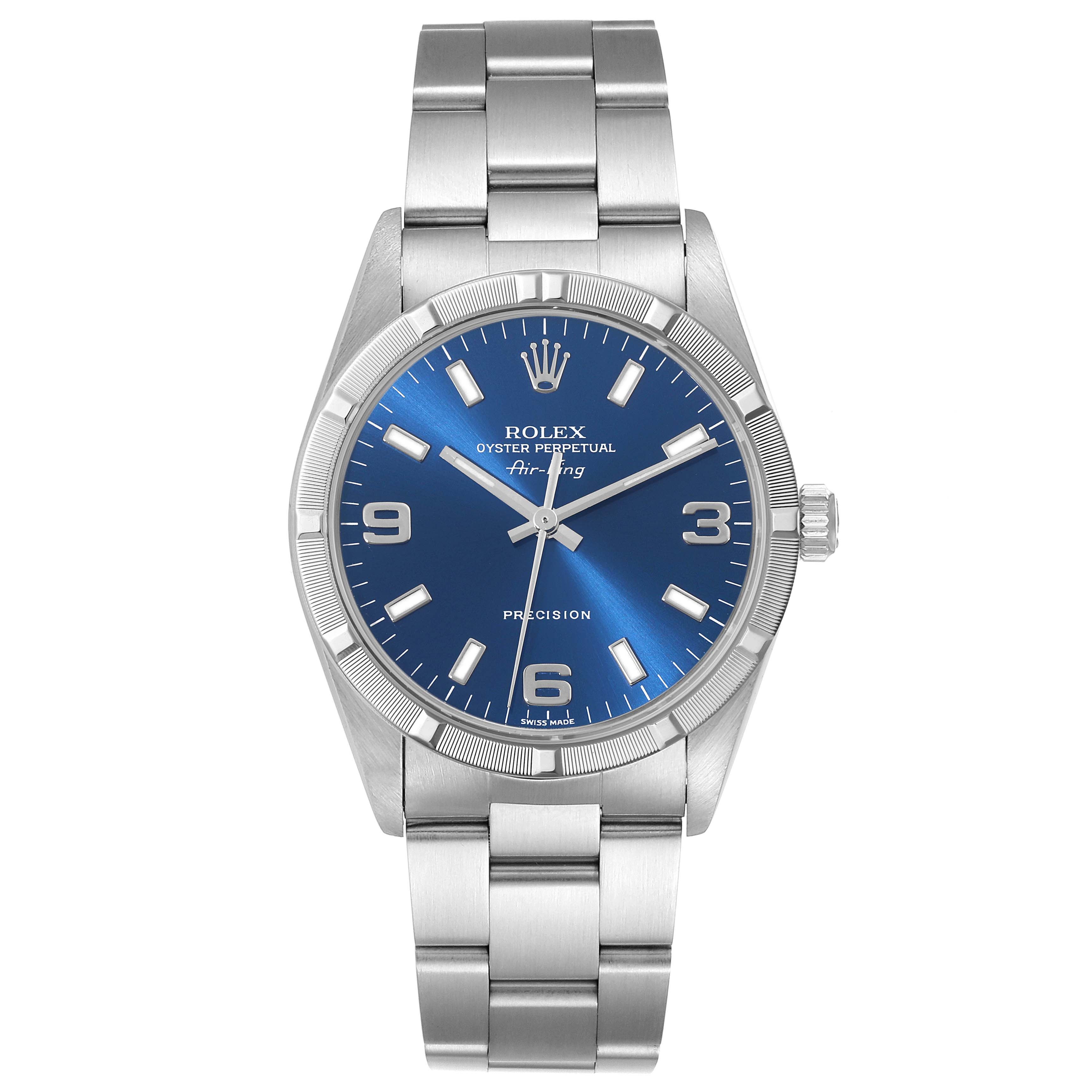 This image shows the front view of a Rolex Air-King 14010 Men's Stainless Steel Blue Dial 14010 Men's Stainless Steel Blue Dial watch, highlighting the dial, case, and bracelet.