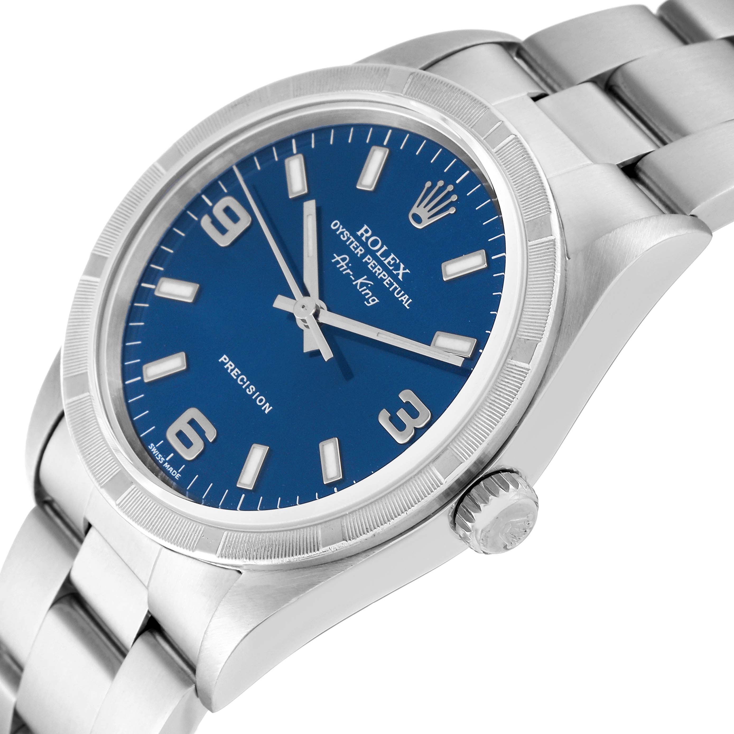 The image shows a Rolex Air-King 14010 Men's Stainless Steel Blue Dial 14010 Men's Stainless Steel Blue Dial watch at an angled close-up, highlighting the blue dial, crown, and bracelet.