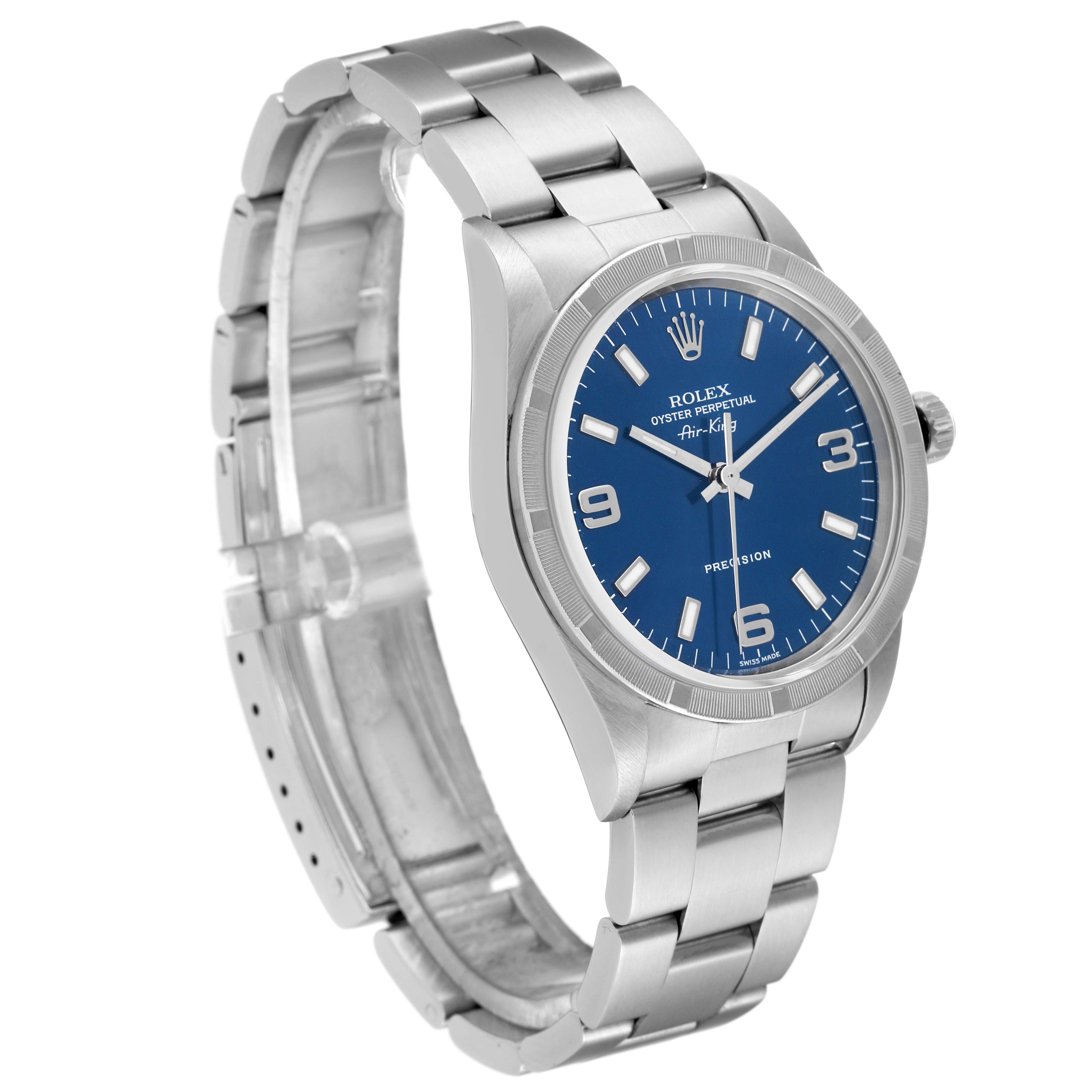 The Rolex Air-King 14010 Men's Stainless Steel Blue Dial 14010 Men's Stainless Steel Blue Dial watch is shown at a three-quarter angle, displaying the face, bracelet, and clasp.