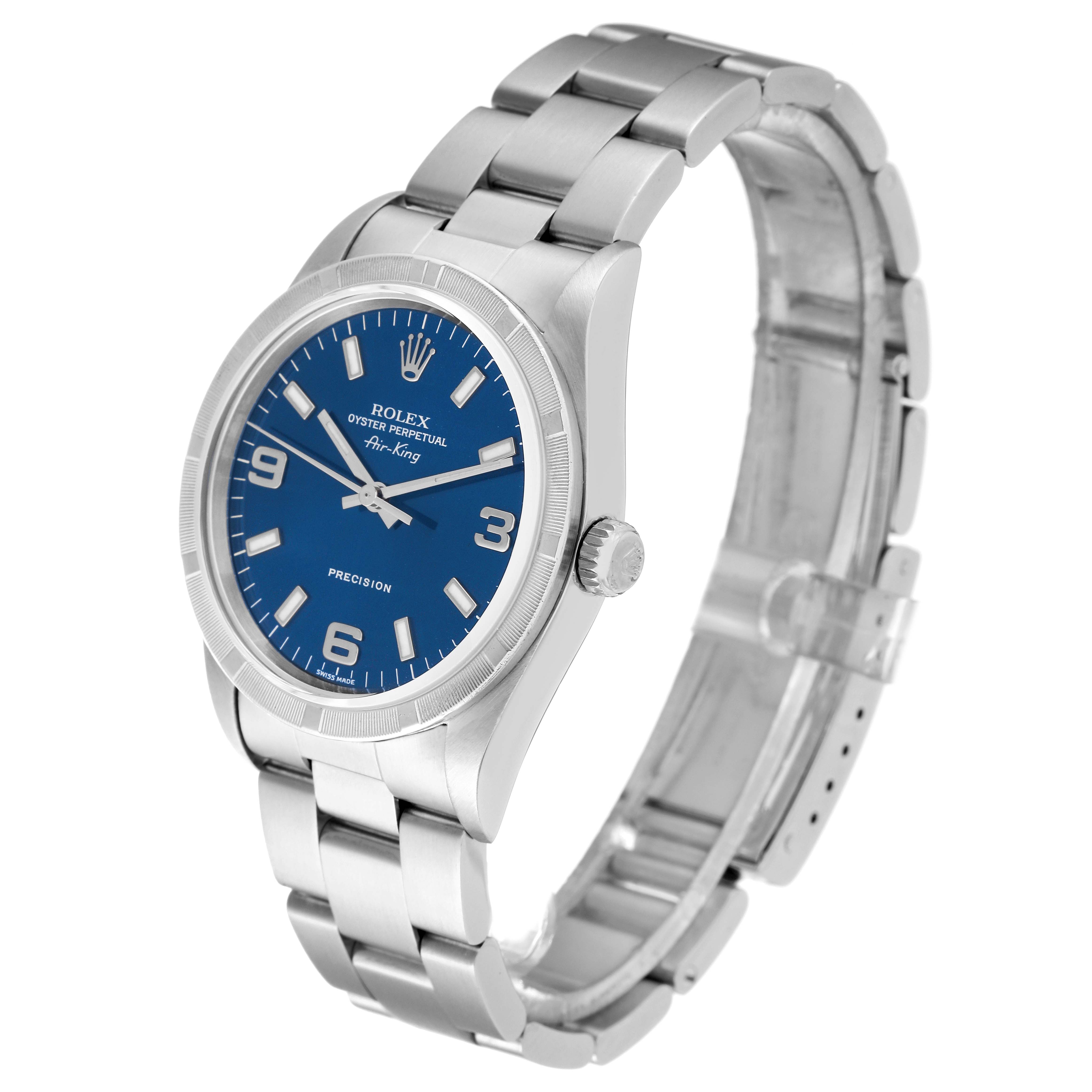 The image shows a Rolex Air-King 14010 Men's Stainless Steel Blue Dial 14010 Men's Stainless Steel Blue Dial watch from a side angle, highlighting the bracelet, case, dial, and crown.