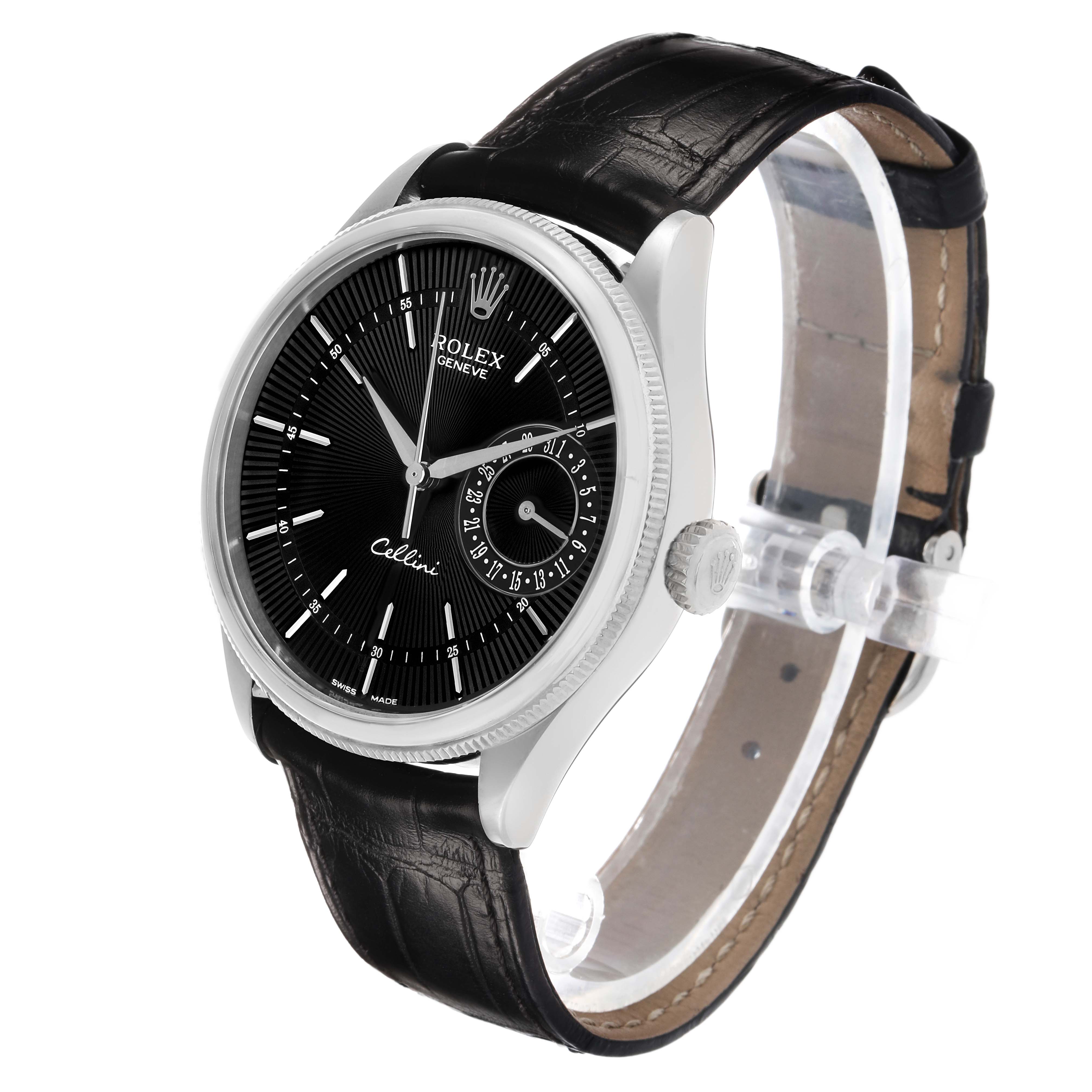 The Rolex Cellini 50519 Men's White Gold Black Dial watch is shown from a three-quarter angle, displaying the dial, bezel, strap, and crown.