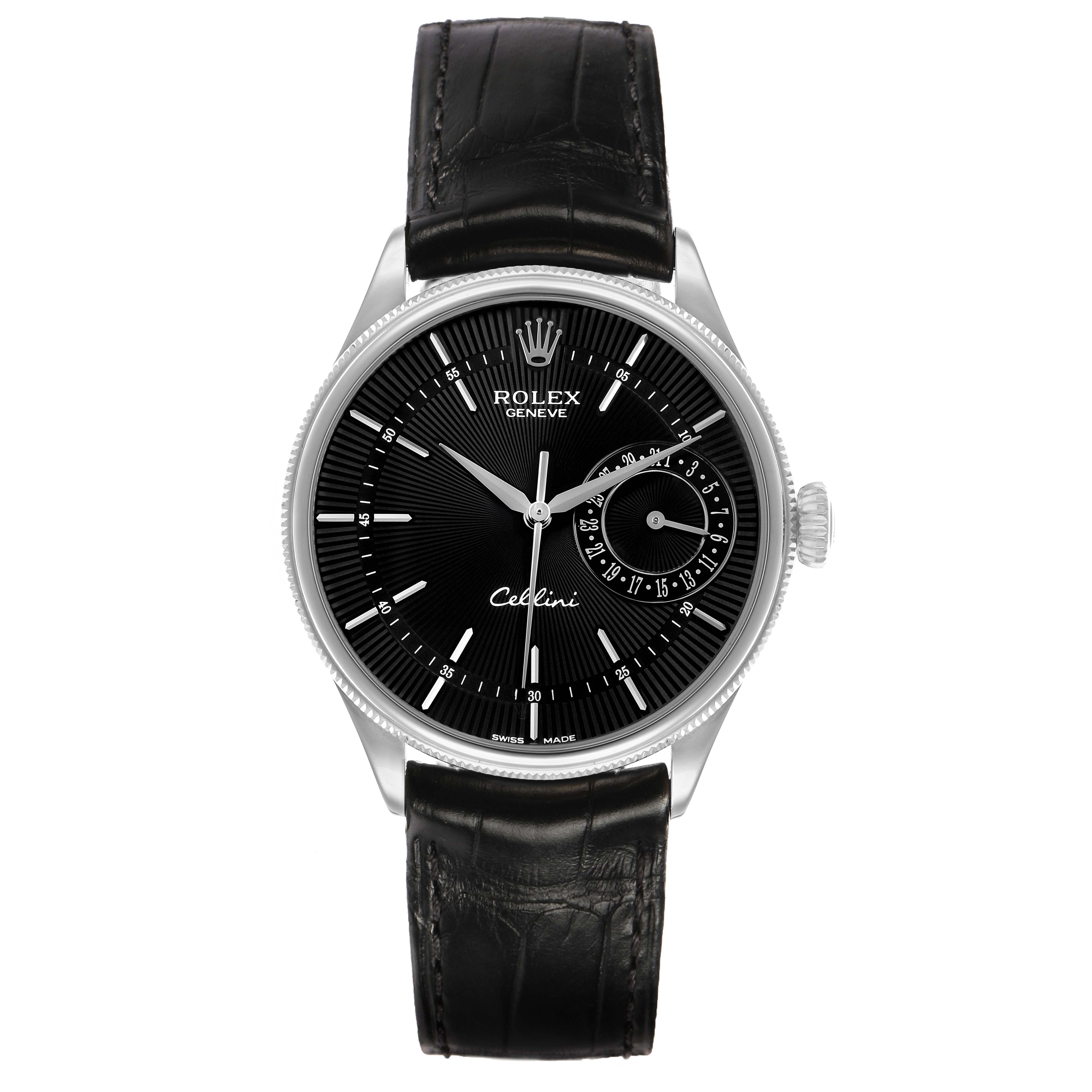 The Rolex Cellini 50519 Men's White Gold Black Dial watch is shown from a front angle, highlighting the dial, bezel, and black leather strap.