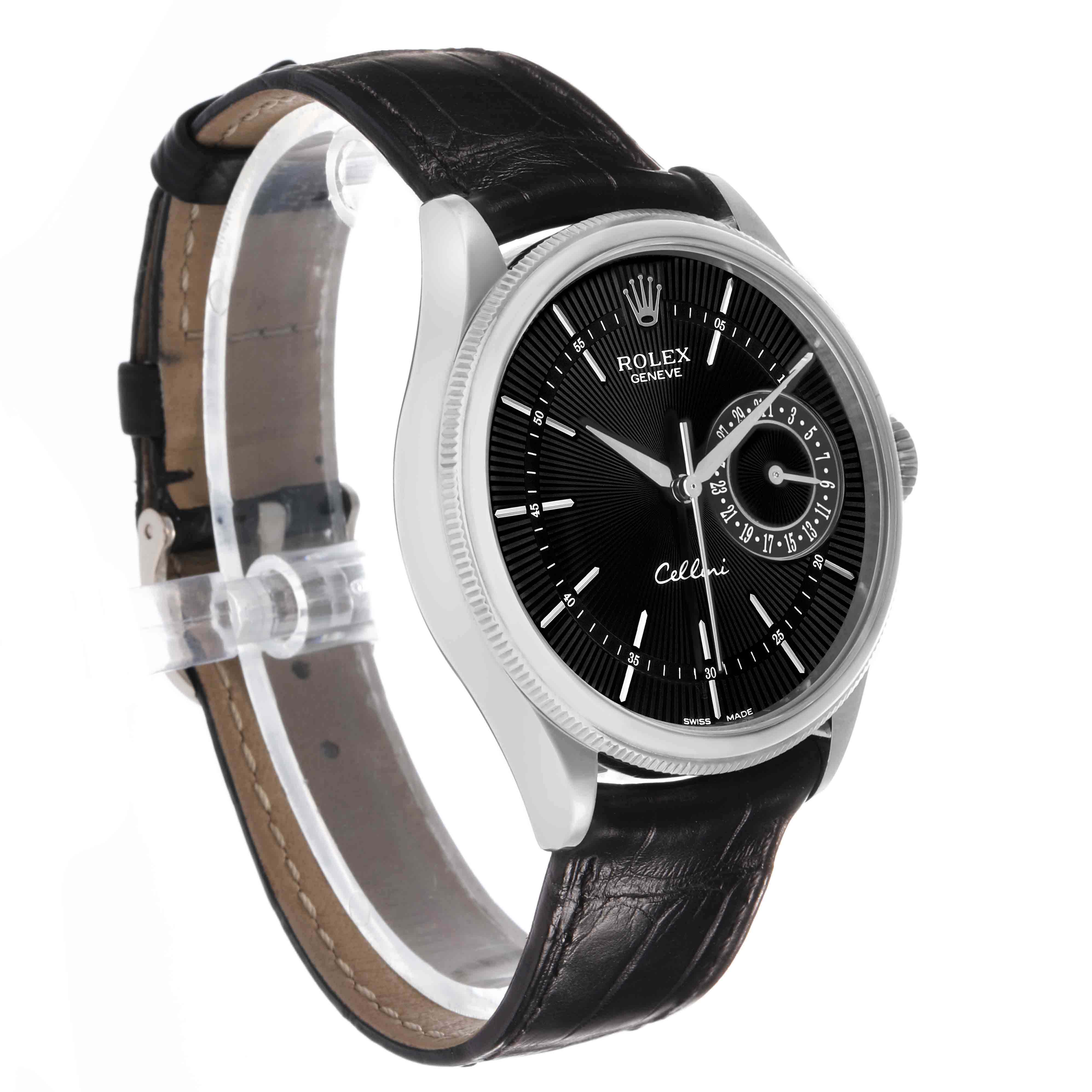 The Rolex Cellini 50519 Men's White Gold Black Dial watch is shown at a slightly tilted angle, highlighting its face, bezel, and leather strap.