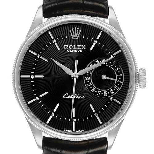 The image shows a front view of the Rolex Cellini 50519 Men's White Gold Black Dial watch, highlighting its black dial, hands, indices, and crown.