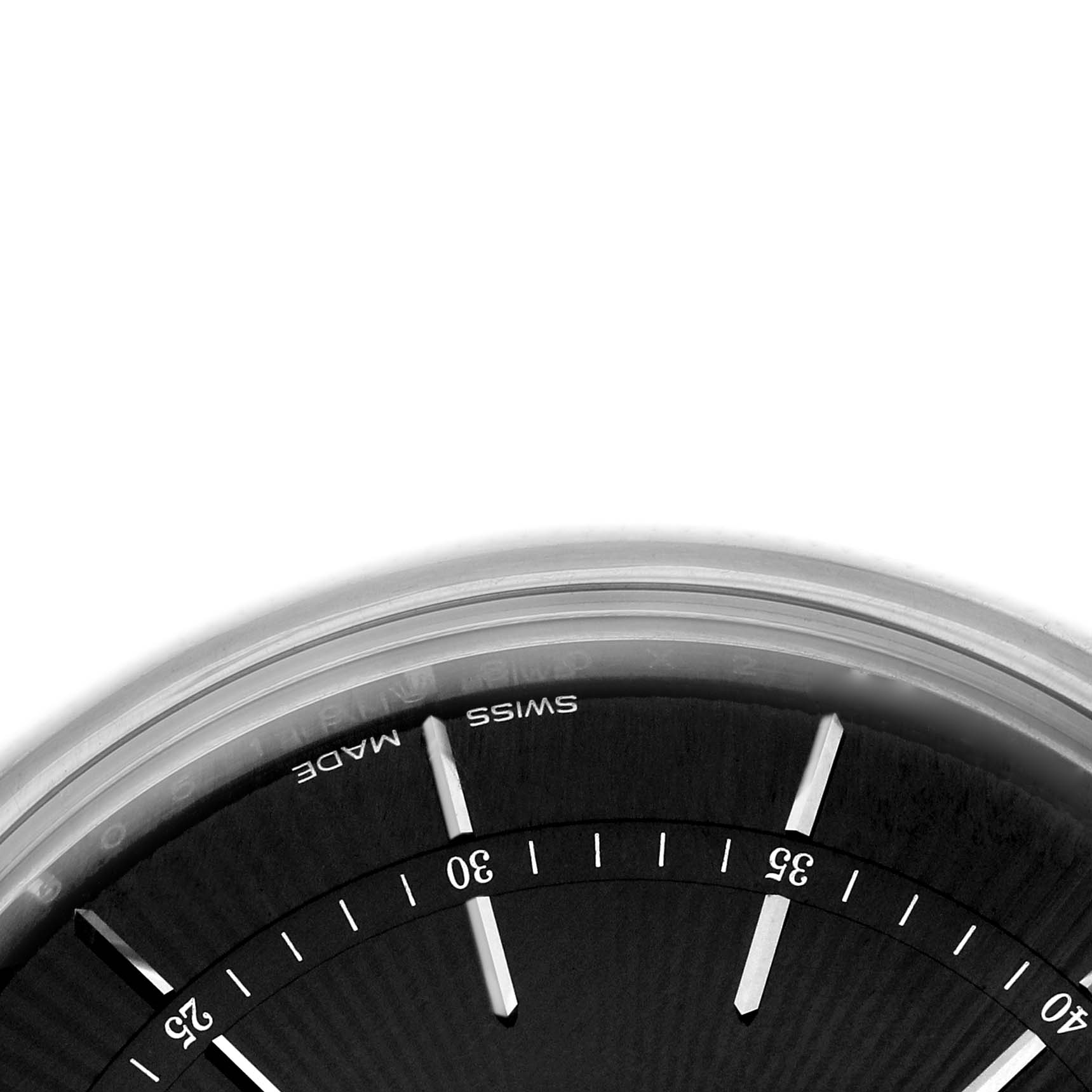 This image shows a partial close-up of the Rolex Cellini 50519 Men's White Gold Black Dial watch dial, highlighting the Swiss Made label and minute markers.