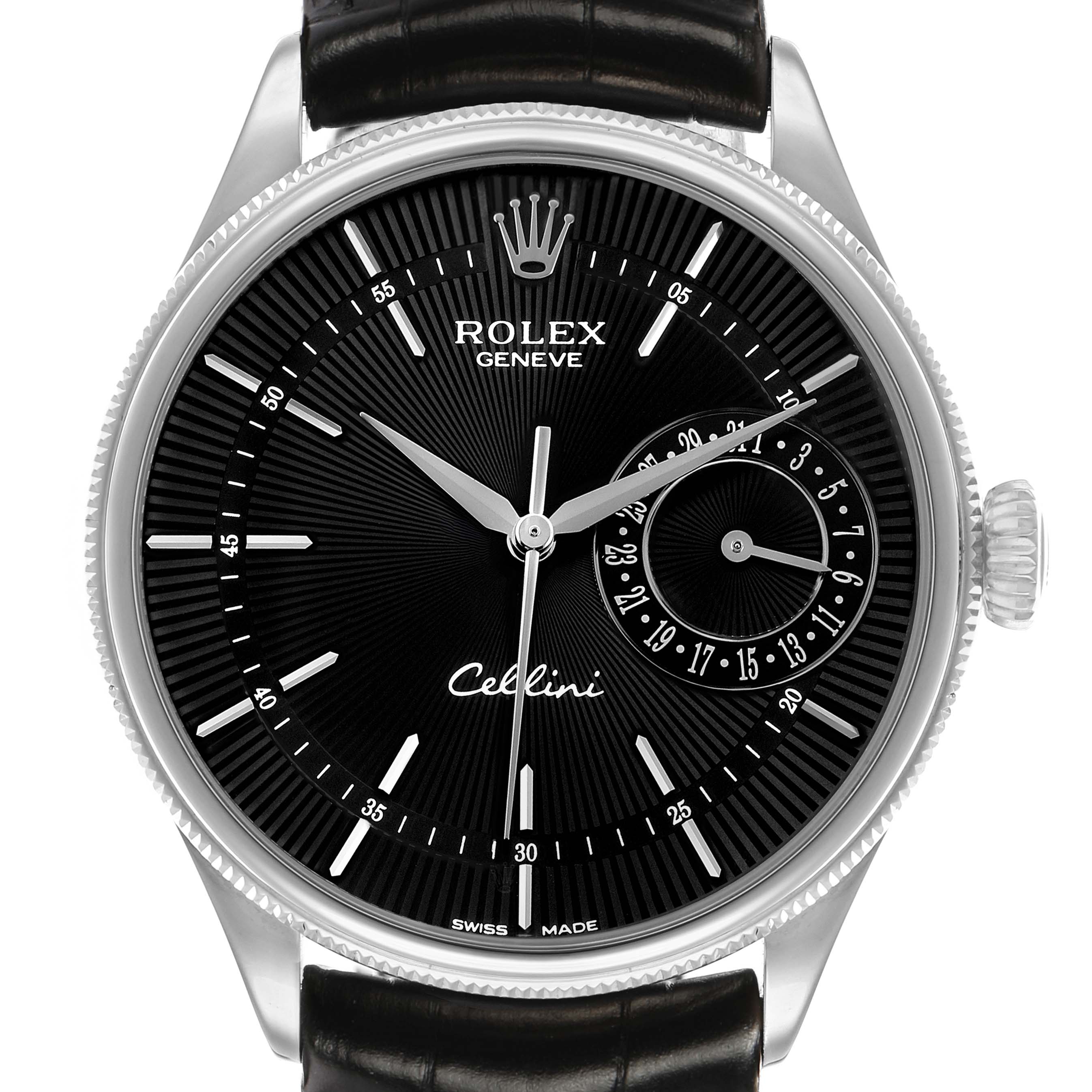 The Rolex Cellini 50519 Men's White Gold Black Dial watch is shown from the front, displaying the dial, hands, date subdial, and part of the strap.