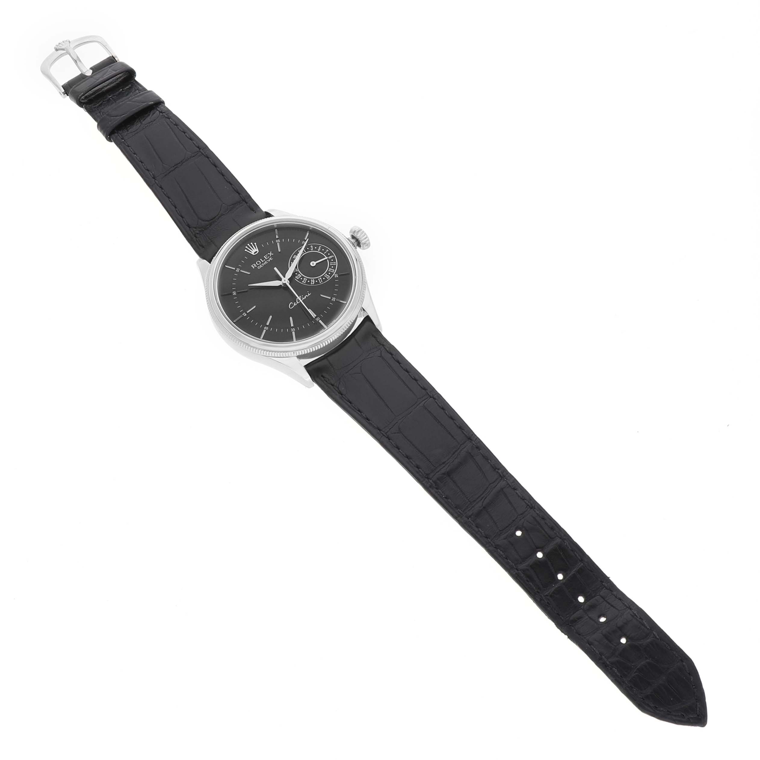 The Rolex Cellini 50519 Men's White Gold Black Dial watch is shown from an angled top view, displaying the face, bezel, and black leather strap.