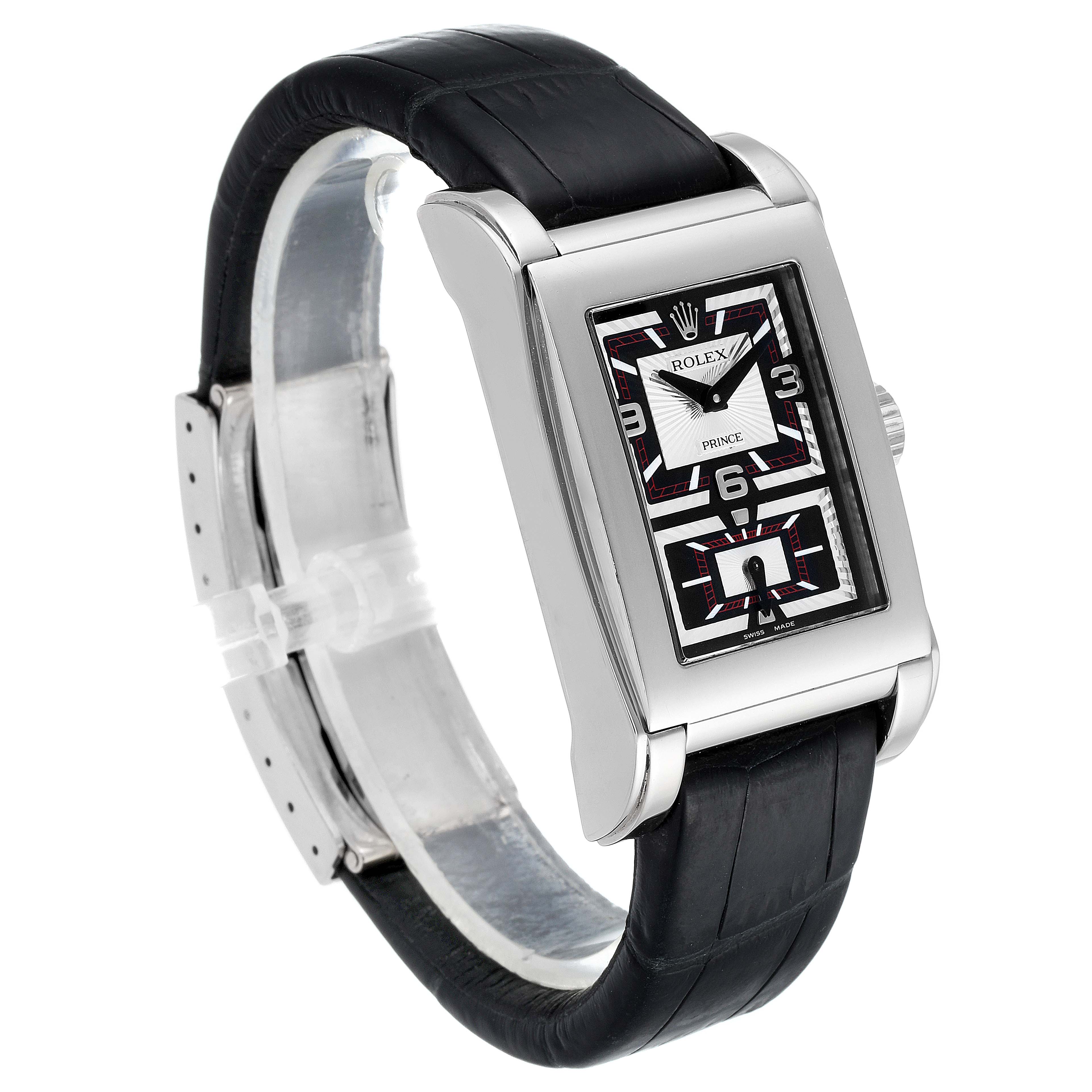 The image shows a Rolex Cellini 5443/9 Men's White Gold Black Dial 5443/9 Men's White Gold Black Dial model watch featuring a rectangular face and a black leather strap viewed at an angle.