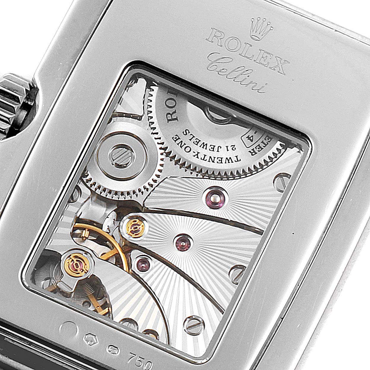 This image shows the back view of a Rolex Cellini 5443/9 Men's White Gold Black Dial 5443/9 Men's White Gold Black Dial model watch, highlighting its internal mechanical components.