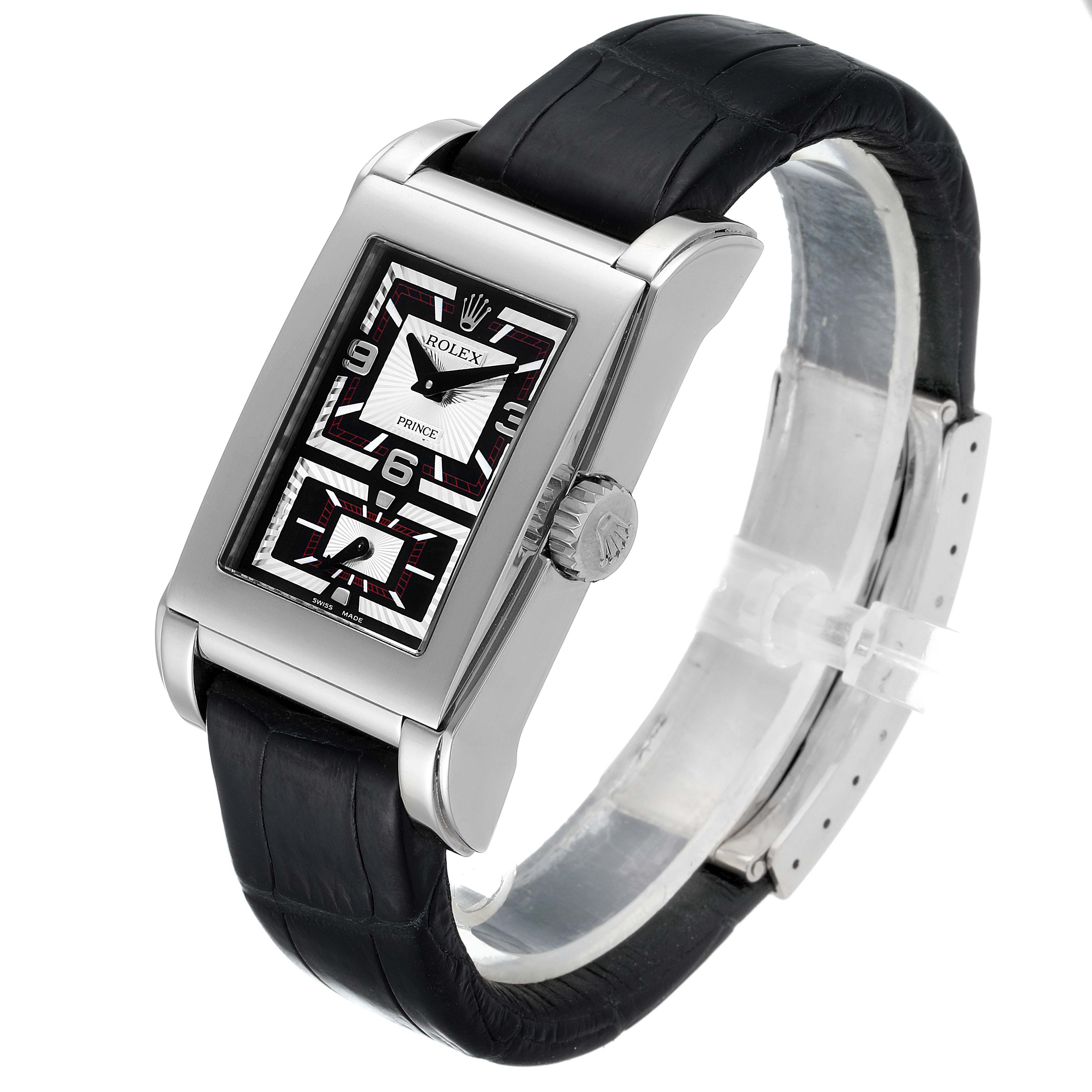 The image shows a side view of a Rolex Cellini 5443/9 Men's White Gold Black Dial 5443/9 Men's White Gold Black Dial Prince model watch, highlighting its rectangular face, crown, and black leather strap.