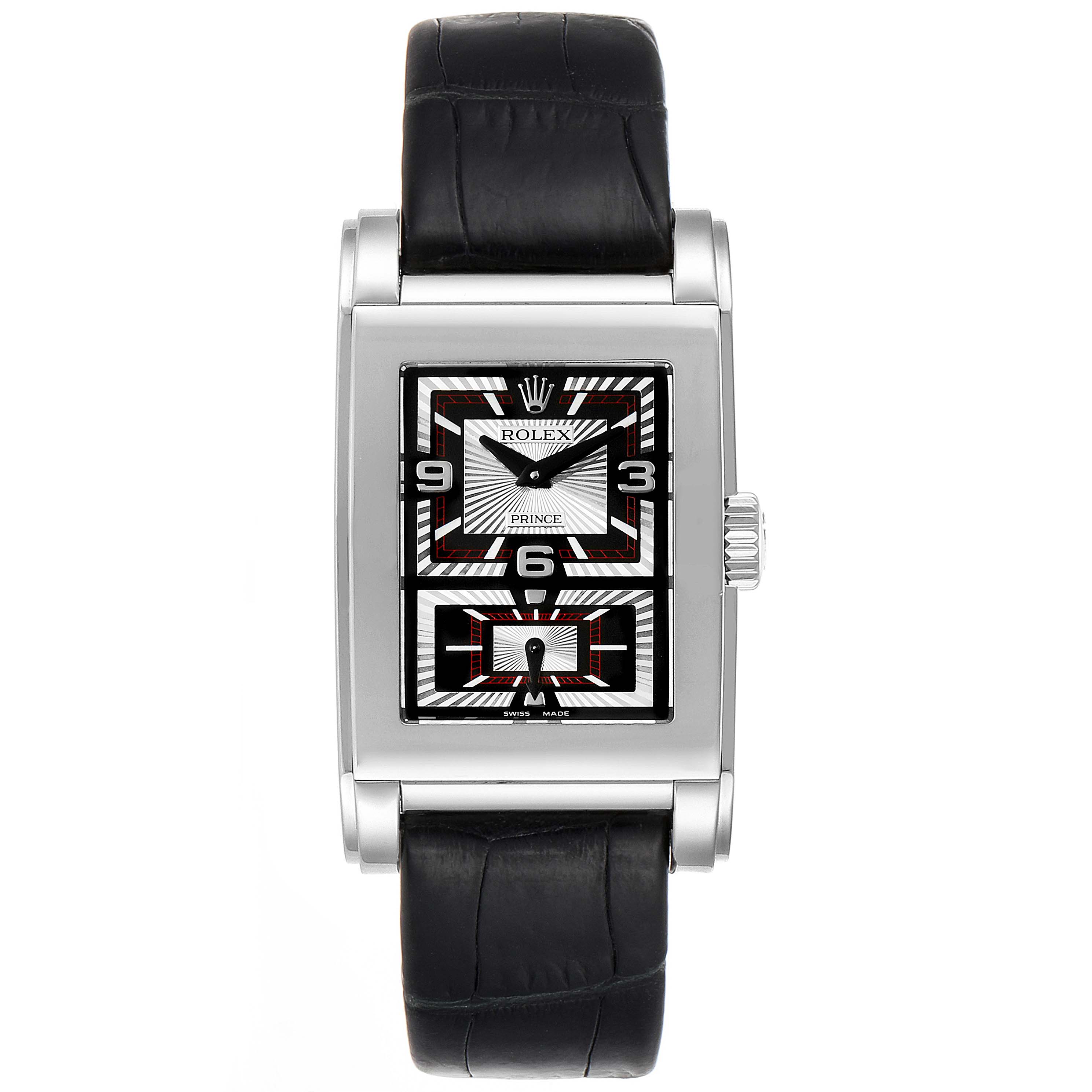 The image shows a front view of a Rolex Cellini 5443/9 Men's White Gold Black Dial 5443/9 Men's White Gold Black Dial model watch with a black leather strap and rectangular dial.