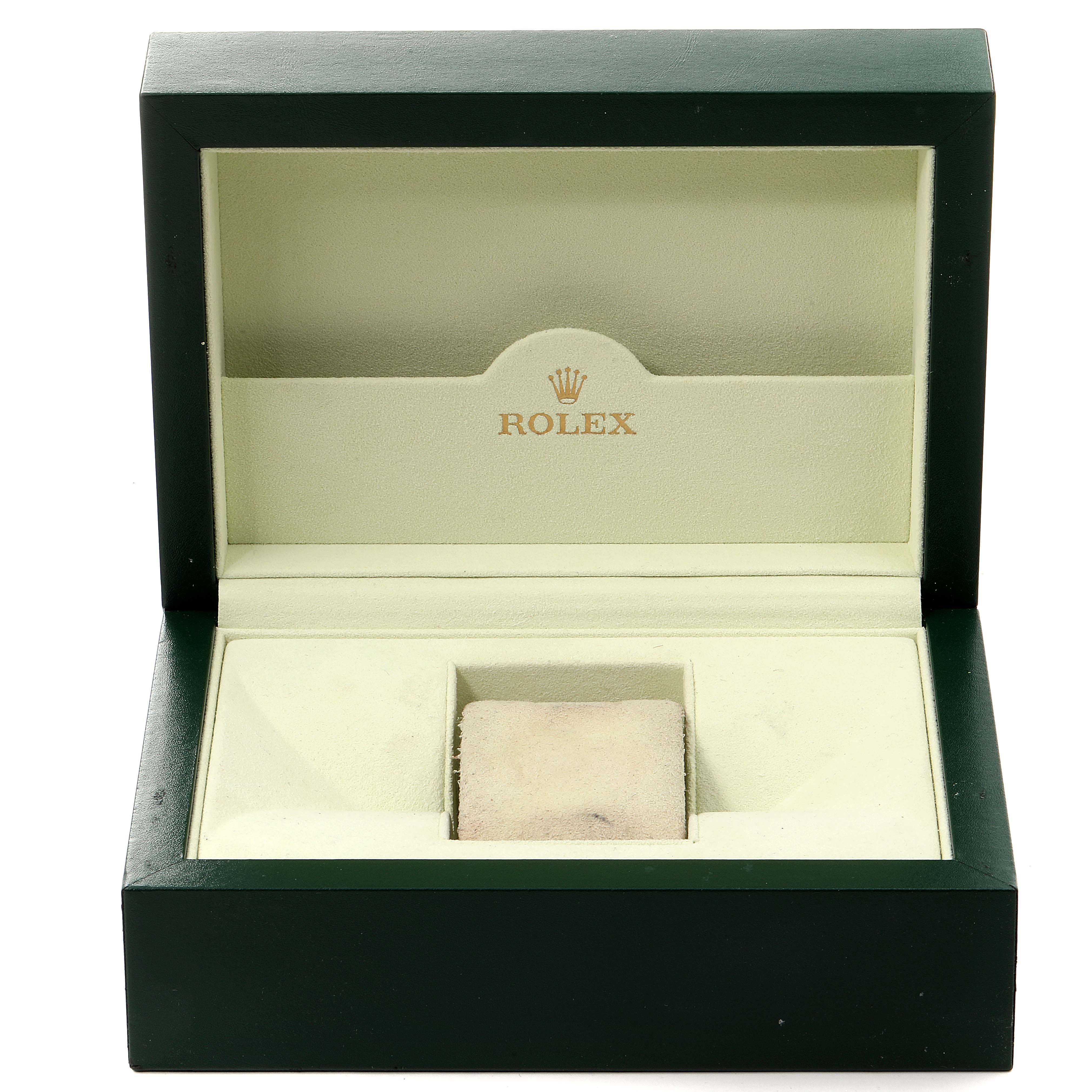 The image shows an open Rolex Cellini 5443/9 Men's White Gold Black Dial 5443/9 Men's White Gold Black Dial watch box with a cushion for holding the watch.