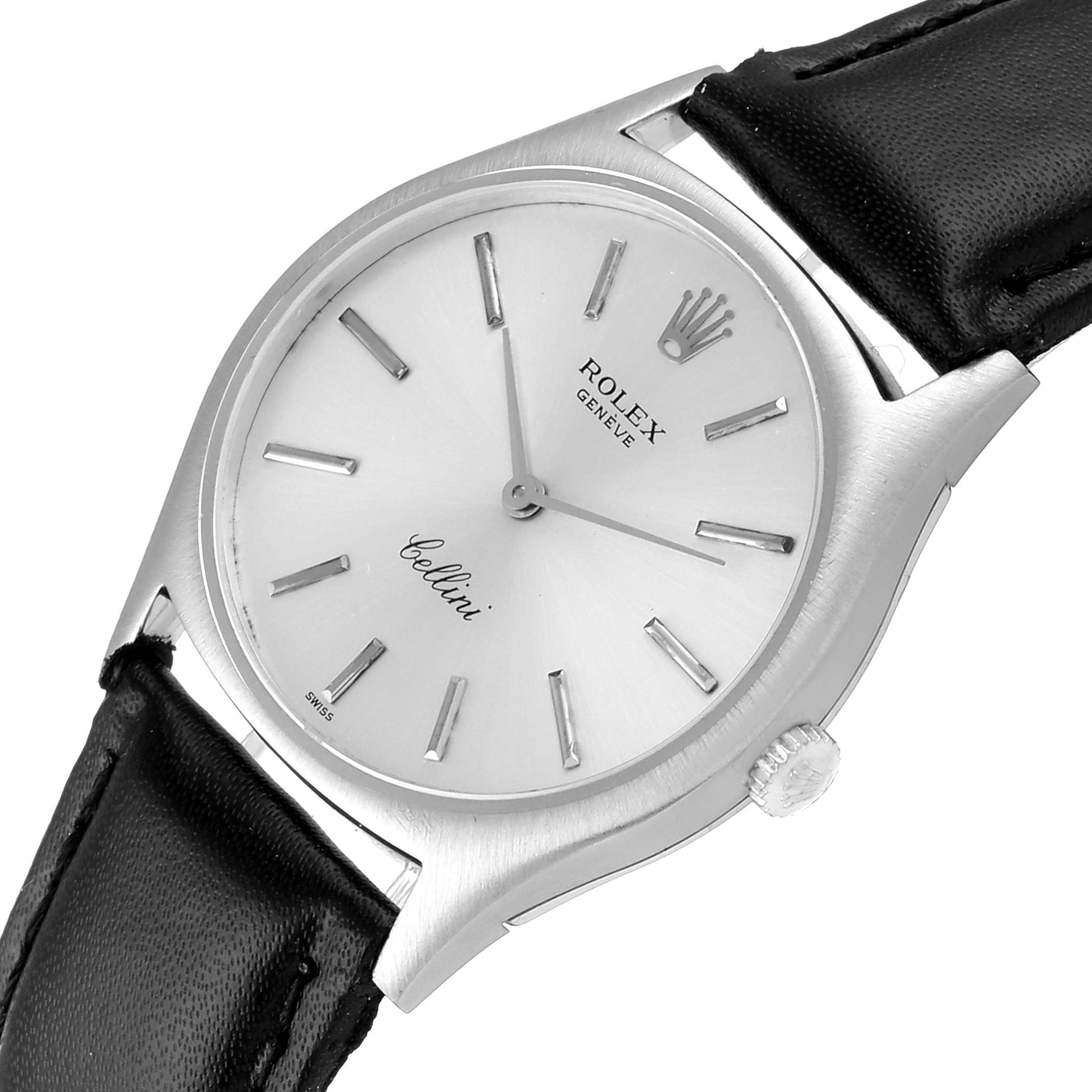 The image shows a top-down view of the Rolex Cellini 3806 Men
s White Gold Silver Dial 3806 Men
s White Gold Silver Dial watch, highlighting its dial, markers, and part of the leather strap.