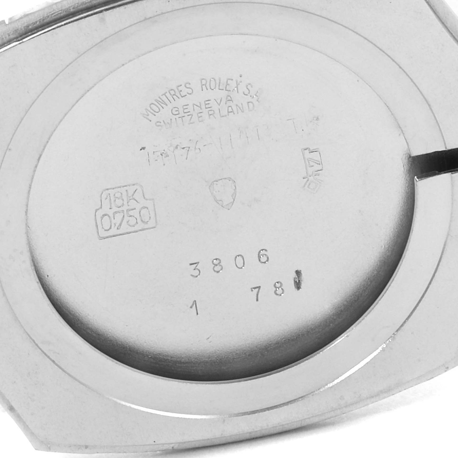 This image shows the back case of a Rolex Cellini 3806 Men
s White Gold Silver Dial 3806 Men
s White Gold Silver Dial watch, displaying its engravings and markings.