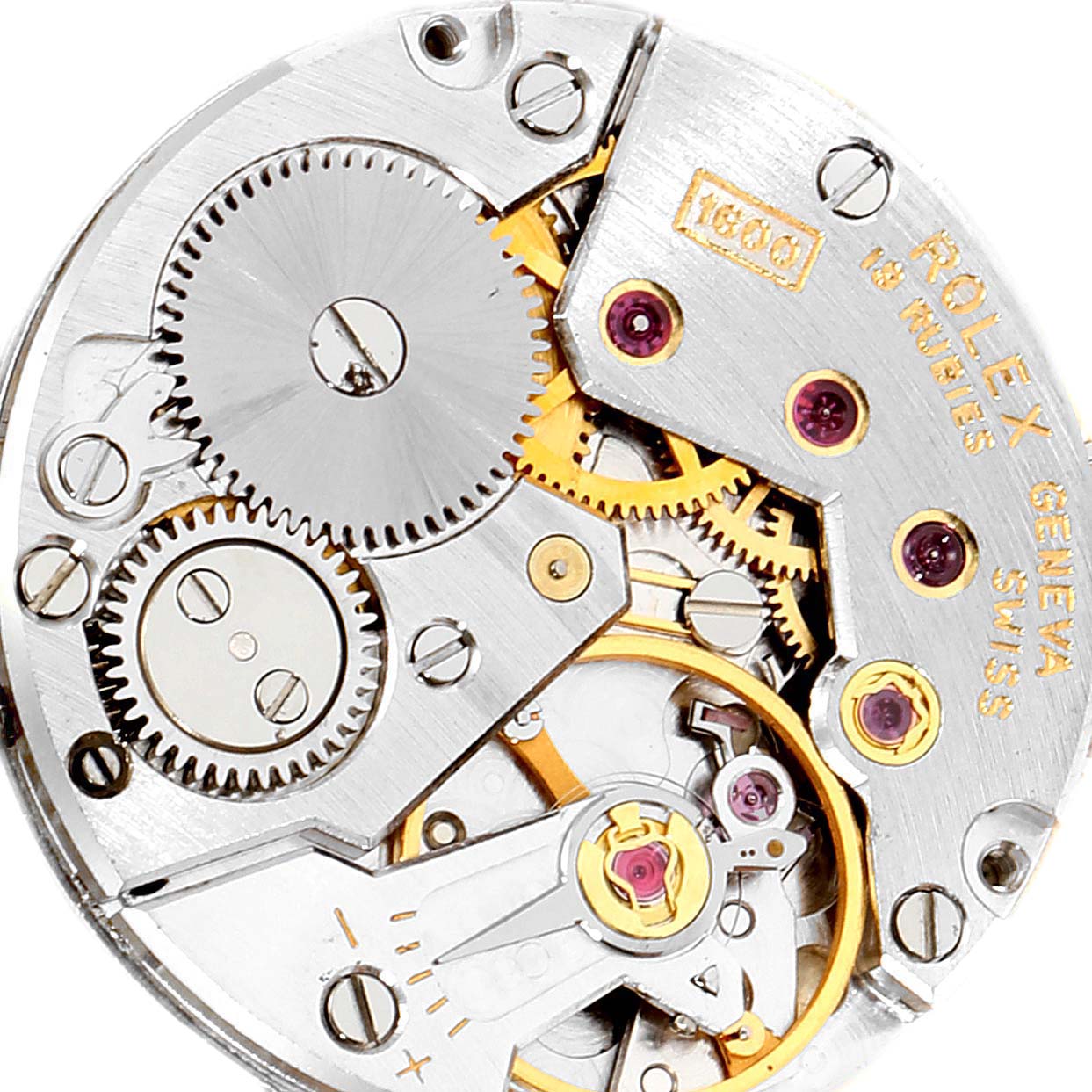 The image shows the internal mechanical movement components of a Rolex Cellini 3806 Men
s White Gold Silver Dial 3806 Men
s White Gold Silver Dial watch, viewed from a top-down angle.