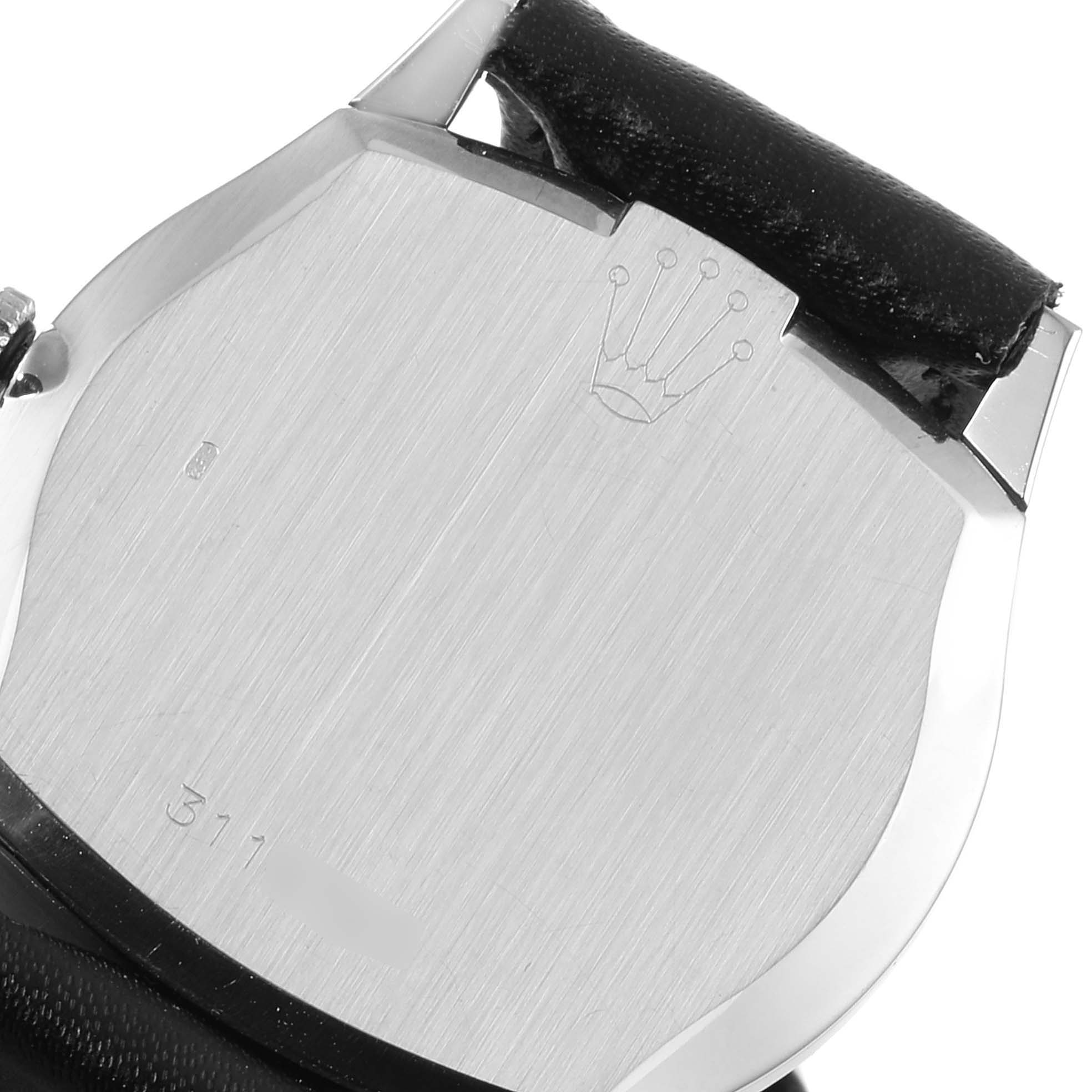 The image shows the back case of a Rolex Cellini 3806 Men
s White Gold Silver Dial 3806 Men
s White Gold Silver Dial watch with its strap attachment visible.