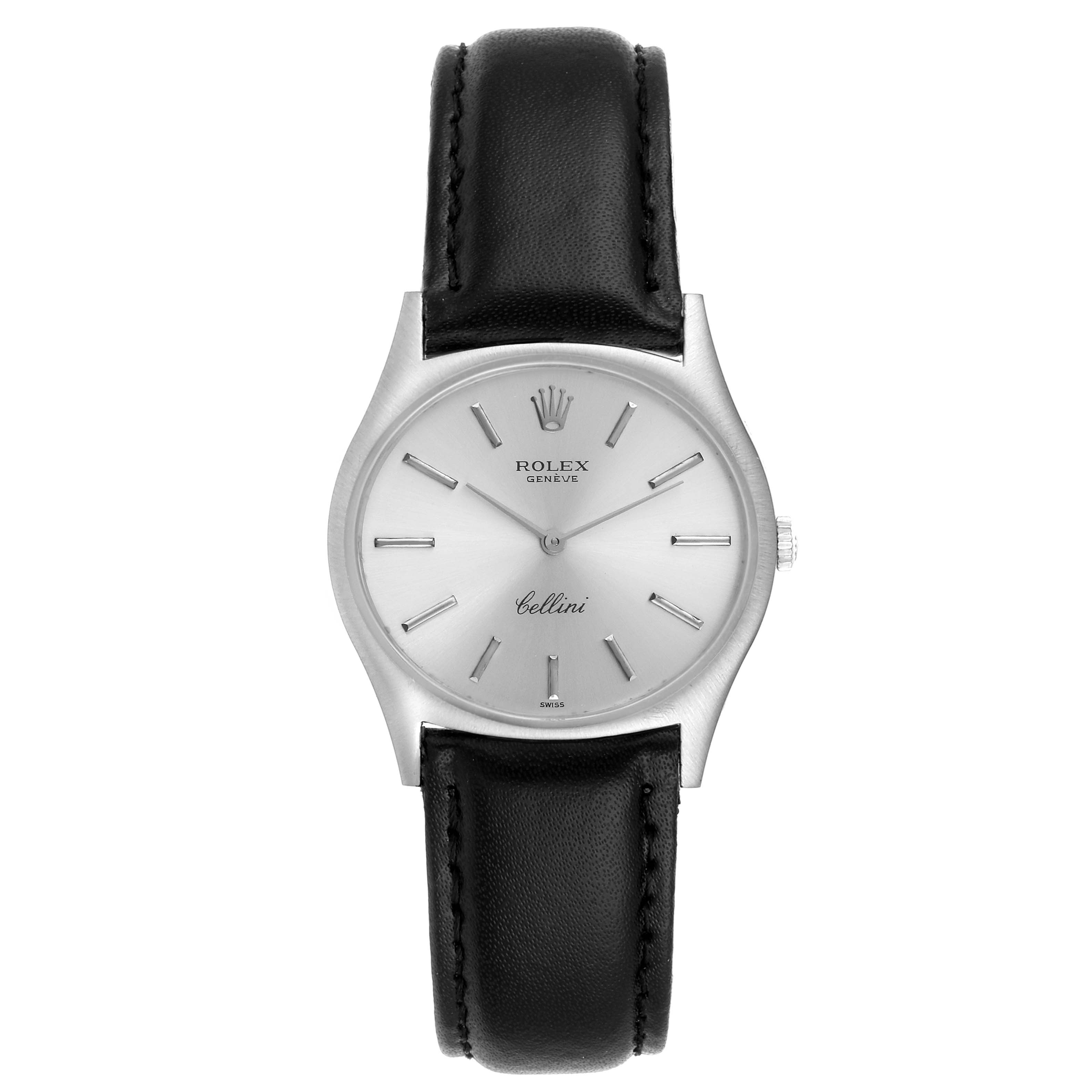 The image shows a front view of the Rolex Cellini 3806 Men
s White Gold Silver Dial 3806 Men
s White Gold Silver Dial watch with a silver dial and black leather strap.