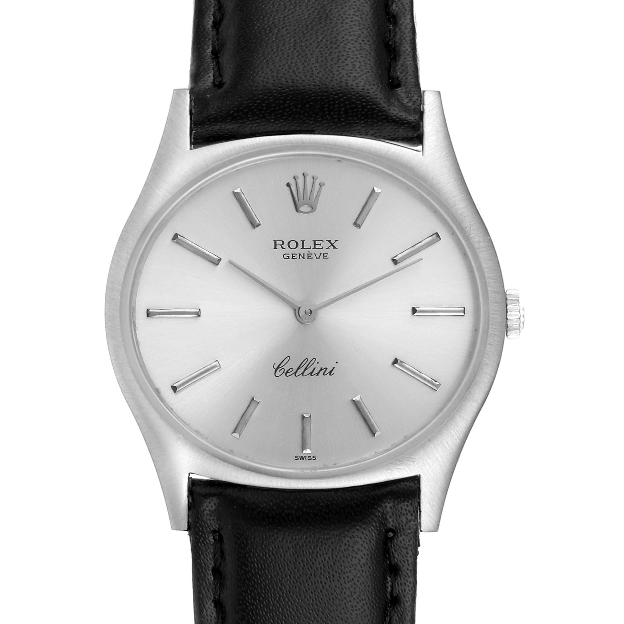 This image shows a face-on view of the Rolex Cellini 3806 Men
s White Gold Silver Dial 3806 Men
s White Gold Silver Dial watch, including the dial, hands, and part of the black leather strap.