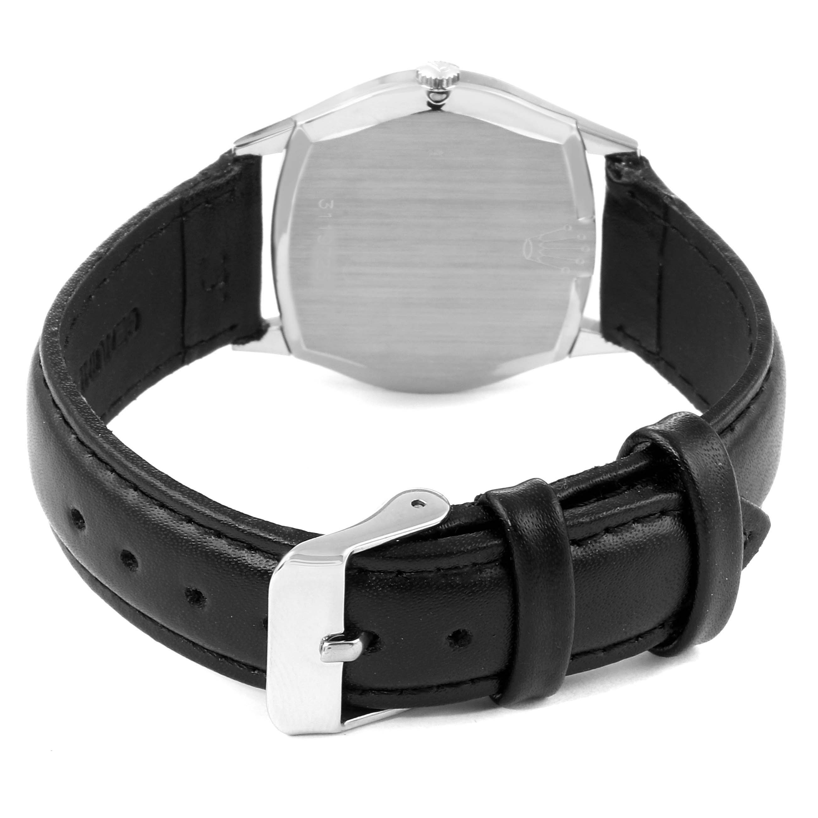 This image shows the back and leather strap of the Rolex Cellini 3806 Men
s White Gold Silver Dial 3806 Men
s White Gold Silver Dial watch, highlighting its clasp and caseback.