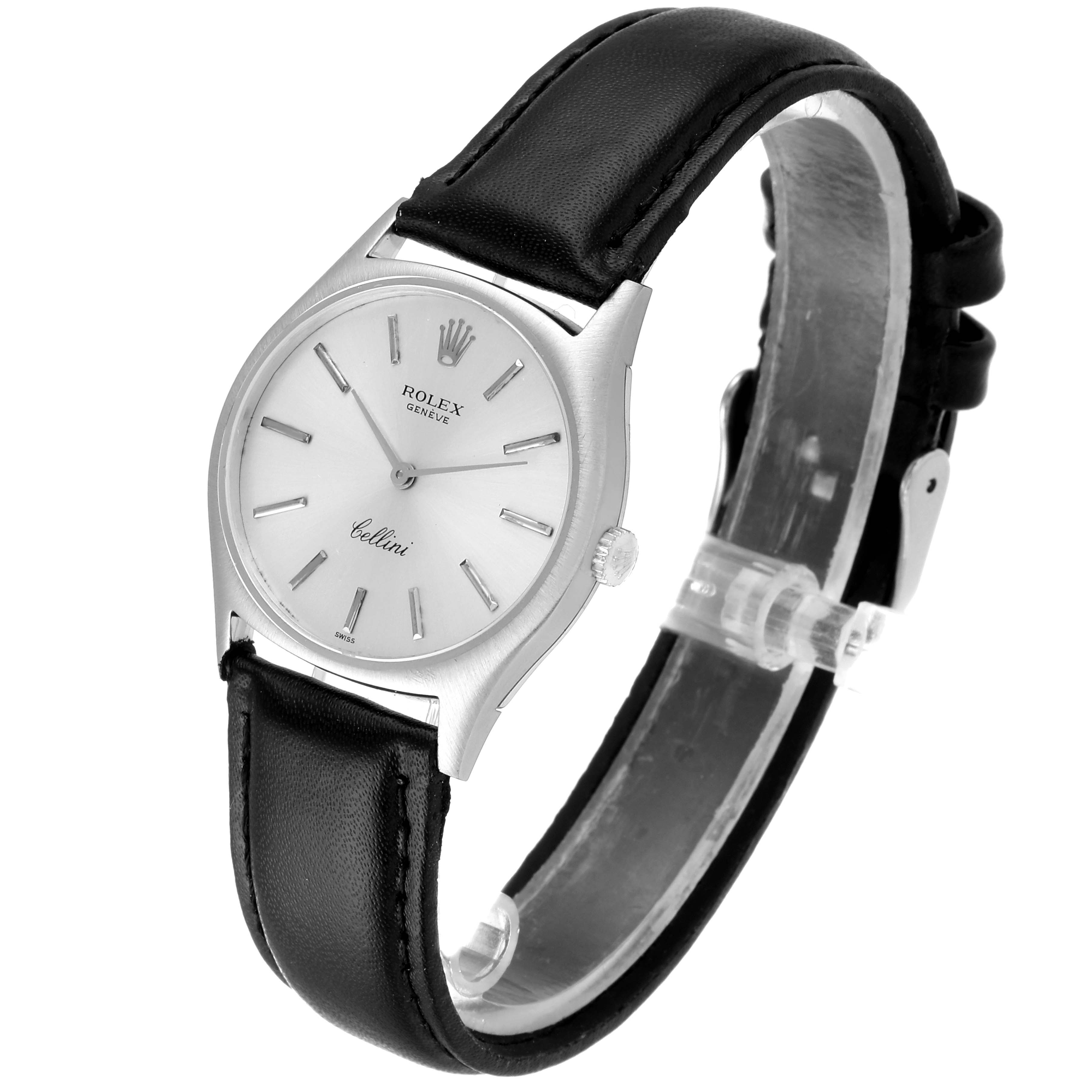 This image shows a side and front view of the Rolex Cellini 3806 Men
s White Gold Silver Dial 3806 Men
s White Gold Silver Dial model watch, highlighting the dial, leather strap, and clasp.