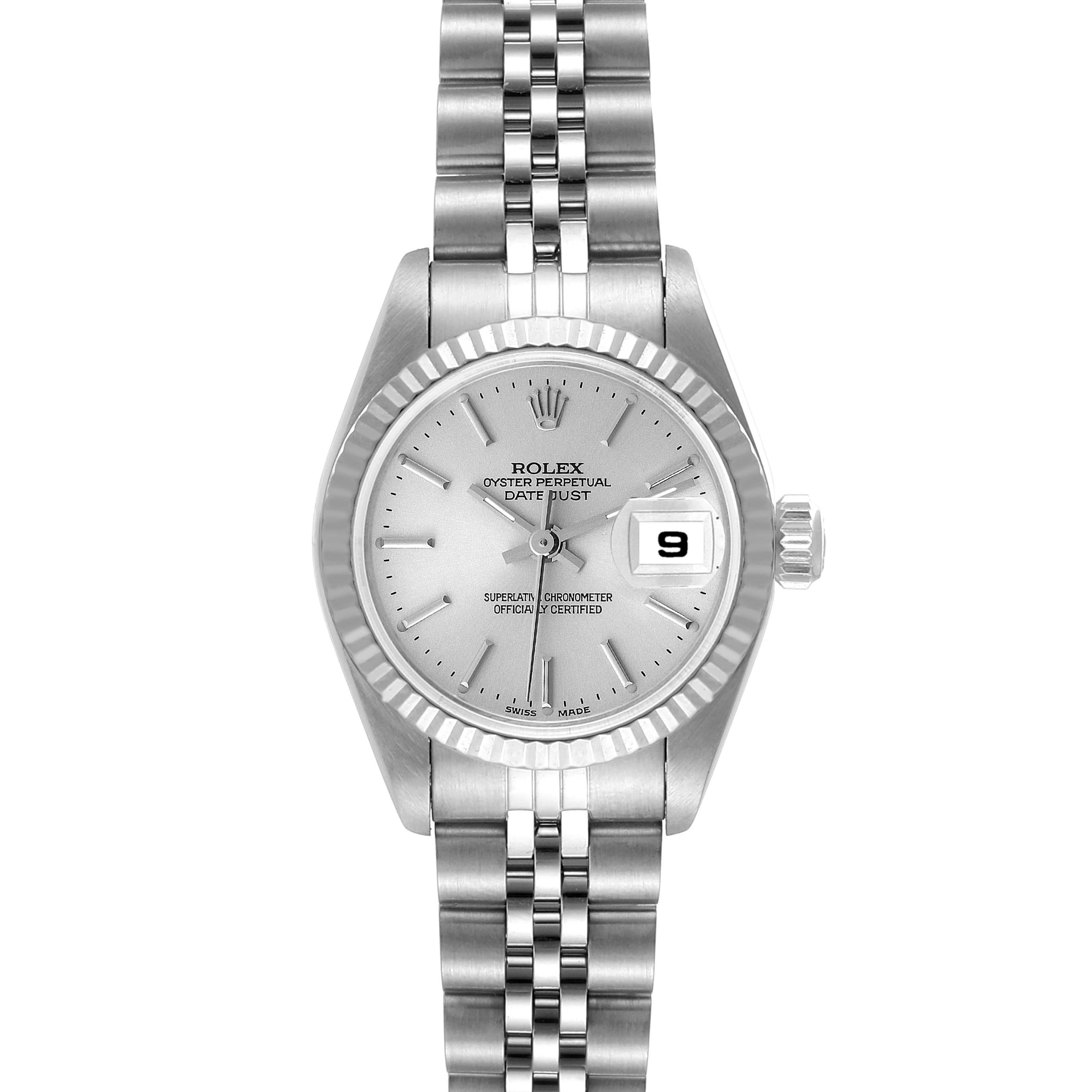 This image shows a front view of a Rolex Datejust 79174 Women's Stainless Steel Silver Dial 79174 Women's Stainless Steel Silver Dial watch, highlighting its dial, bracelet, and crown.