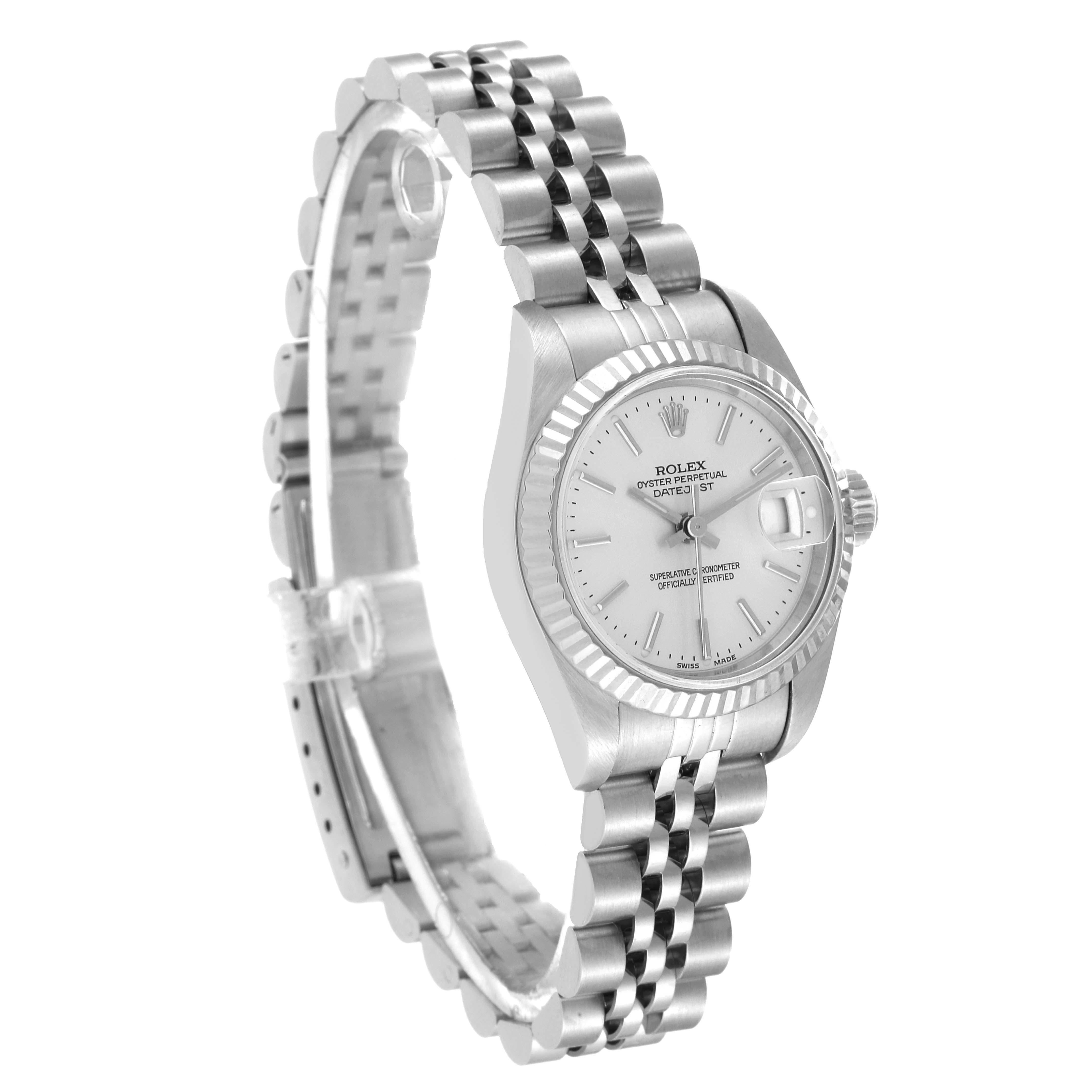 This image shows a side angle of the Rolex Datejust 79174 Women's Stainless Steel Silver Dial 79174 Women's Stainless Steel Silver Dial watch, displaying its bezel, dial, and bracelet.