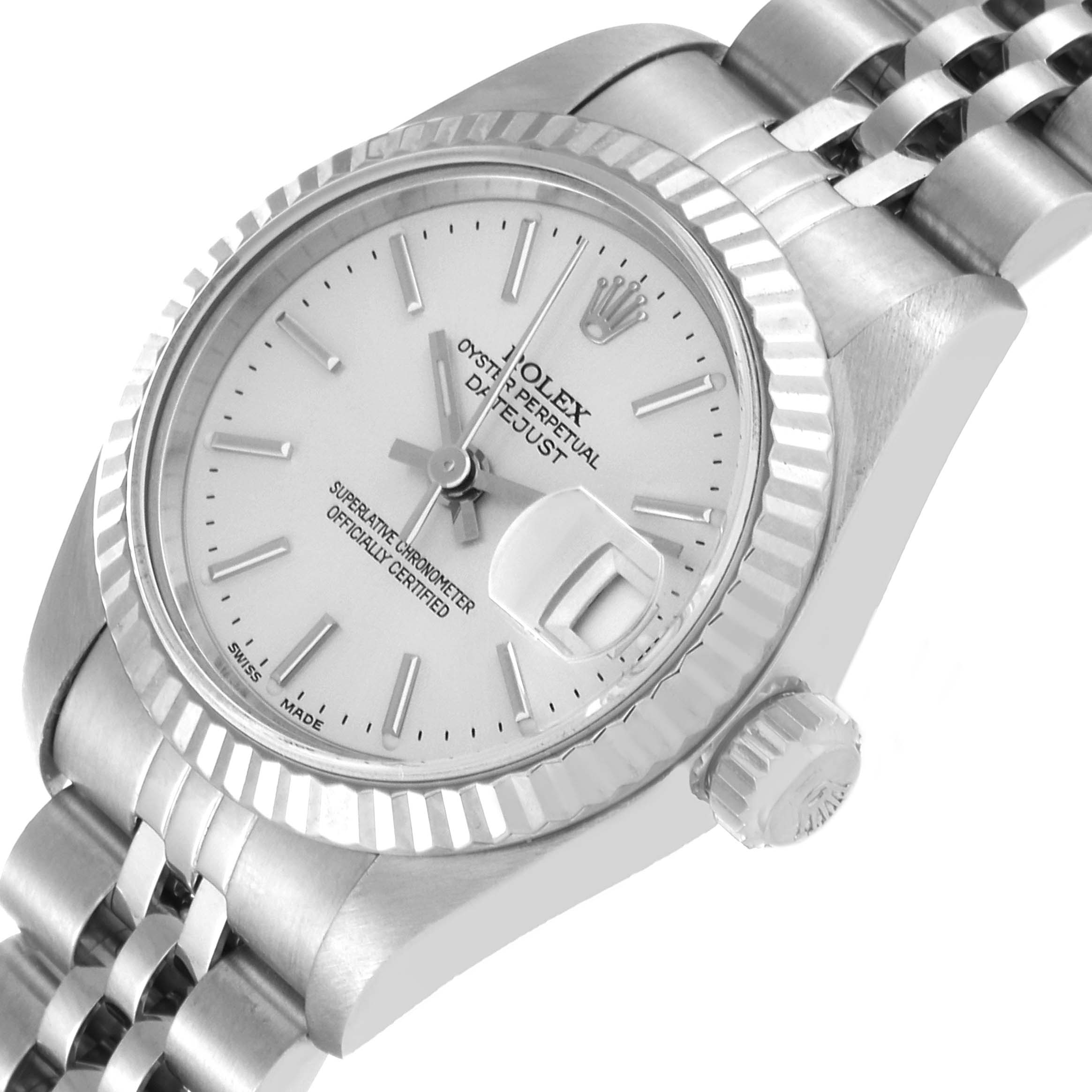The image shows a Rolex Datejust 79174 Women's Stainless Steel Silver Dial 79174 Women's Stainless Steel Silver Dial watch from an angled perspective, highlighting the dial, bezel, crown, and part of the bracelet.